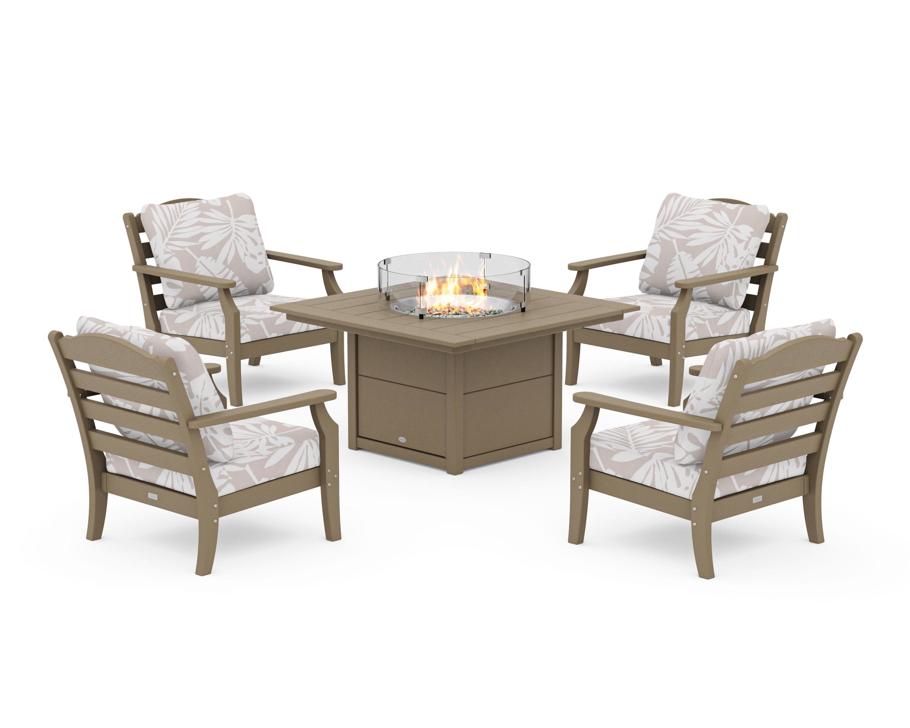 Savannah 5-Piece Deep Seating Set with Fire Pit Table in Vintage Sahara / Leaf Dune Burlap