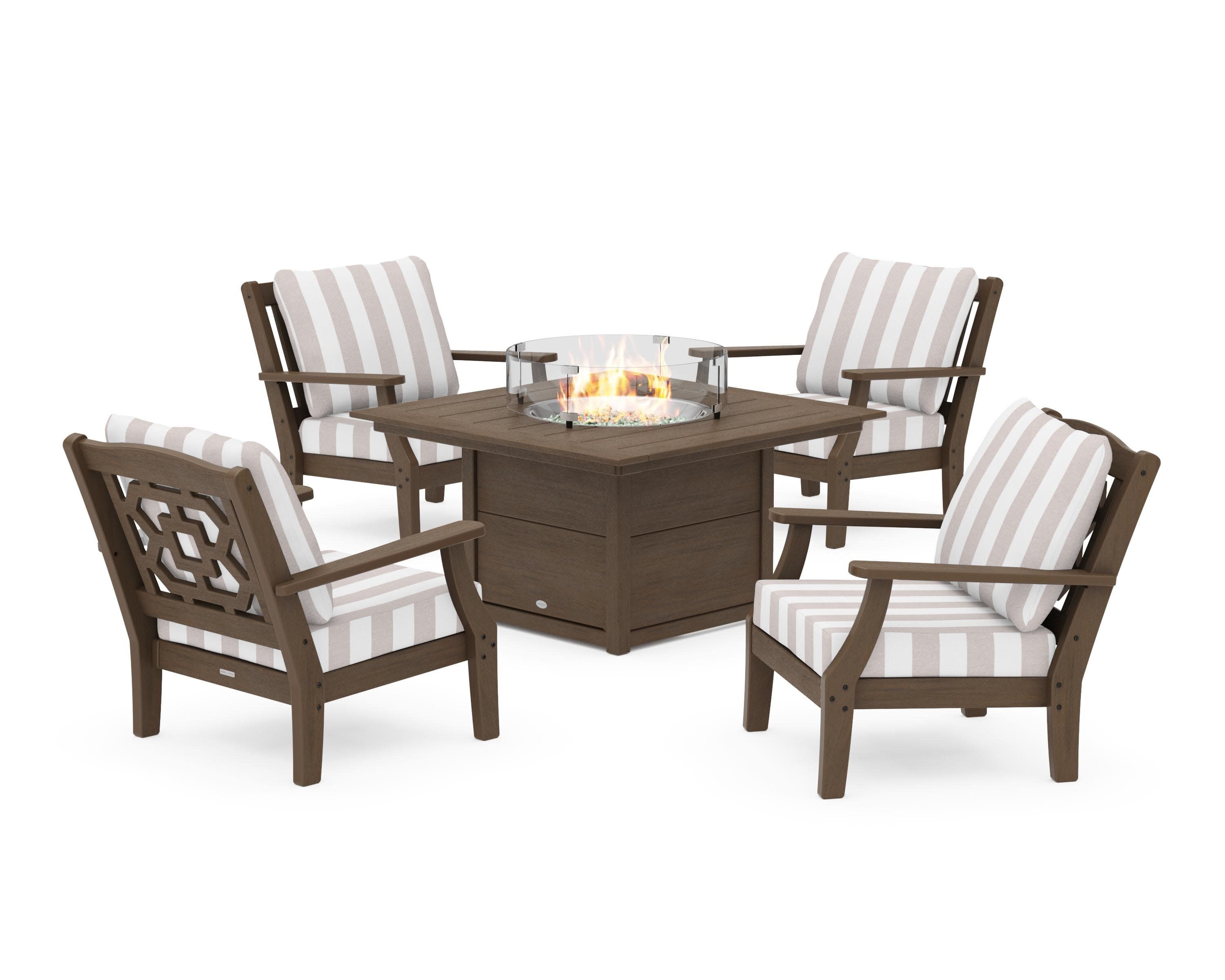 Chinoiserie 5-Piece Deep Seating Set with Fire Pit Table in Kona / Cabana Stripe Dune Burlap