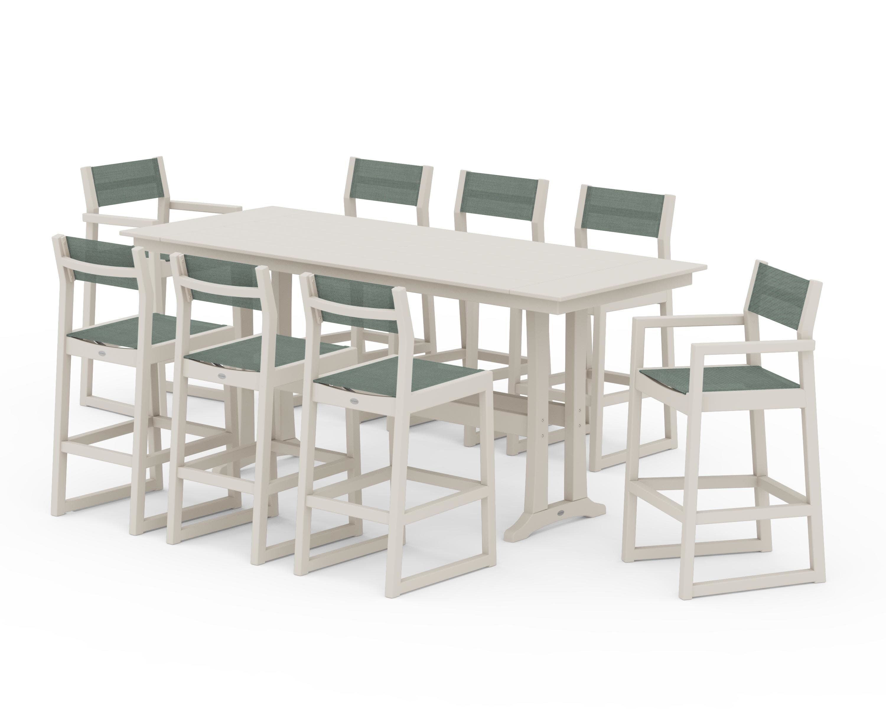 EDGE Sling 9-Piece Farmhouse Bar Set with Trestle Legs in Sand / Dupioni Sea Mist Sling