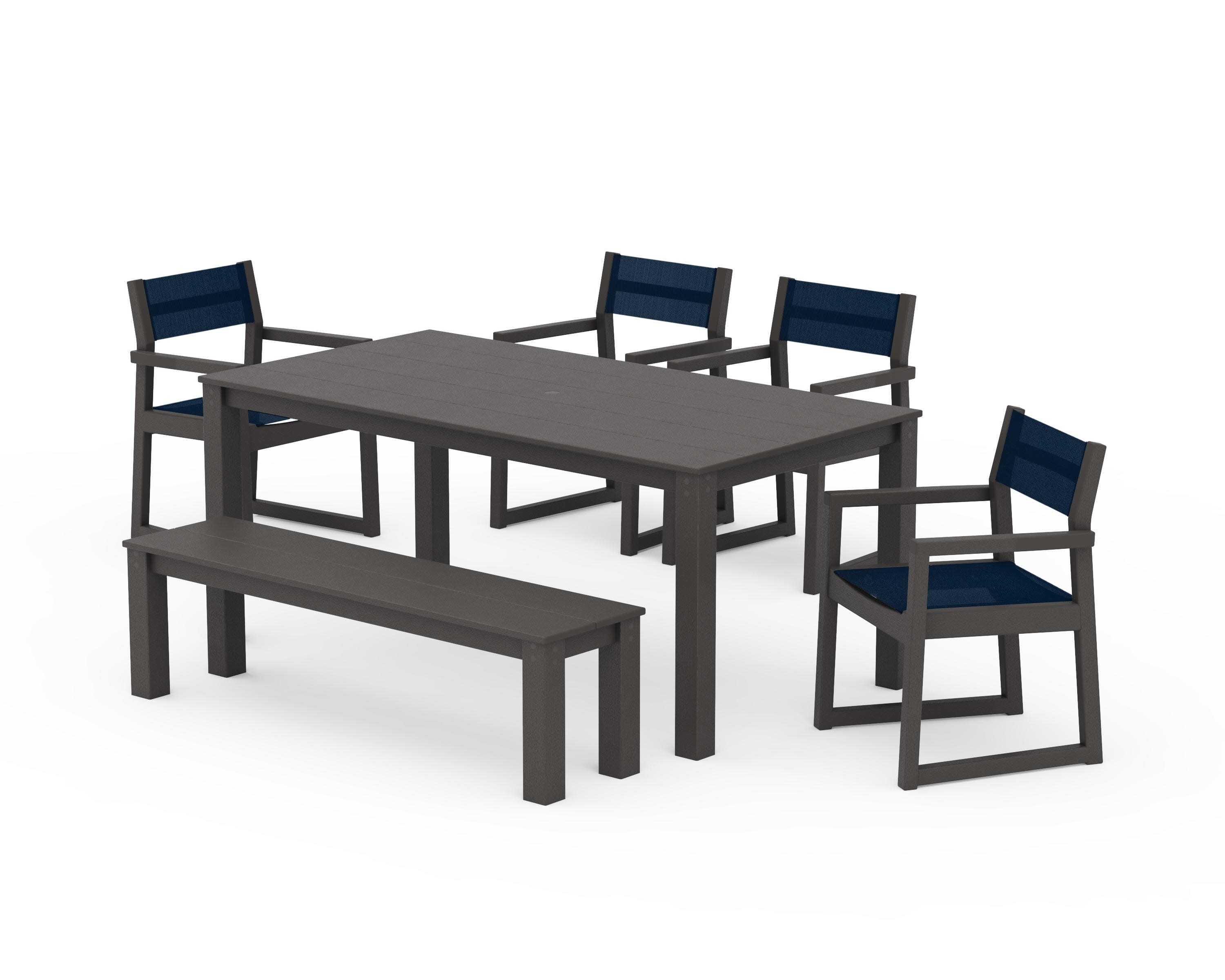 EDGE Sling Arm Chair 6-Piece Parsons Dining Set with Bench in Vintage Coffee / Navy Blue Sling
