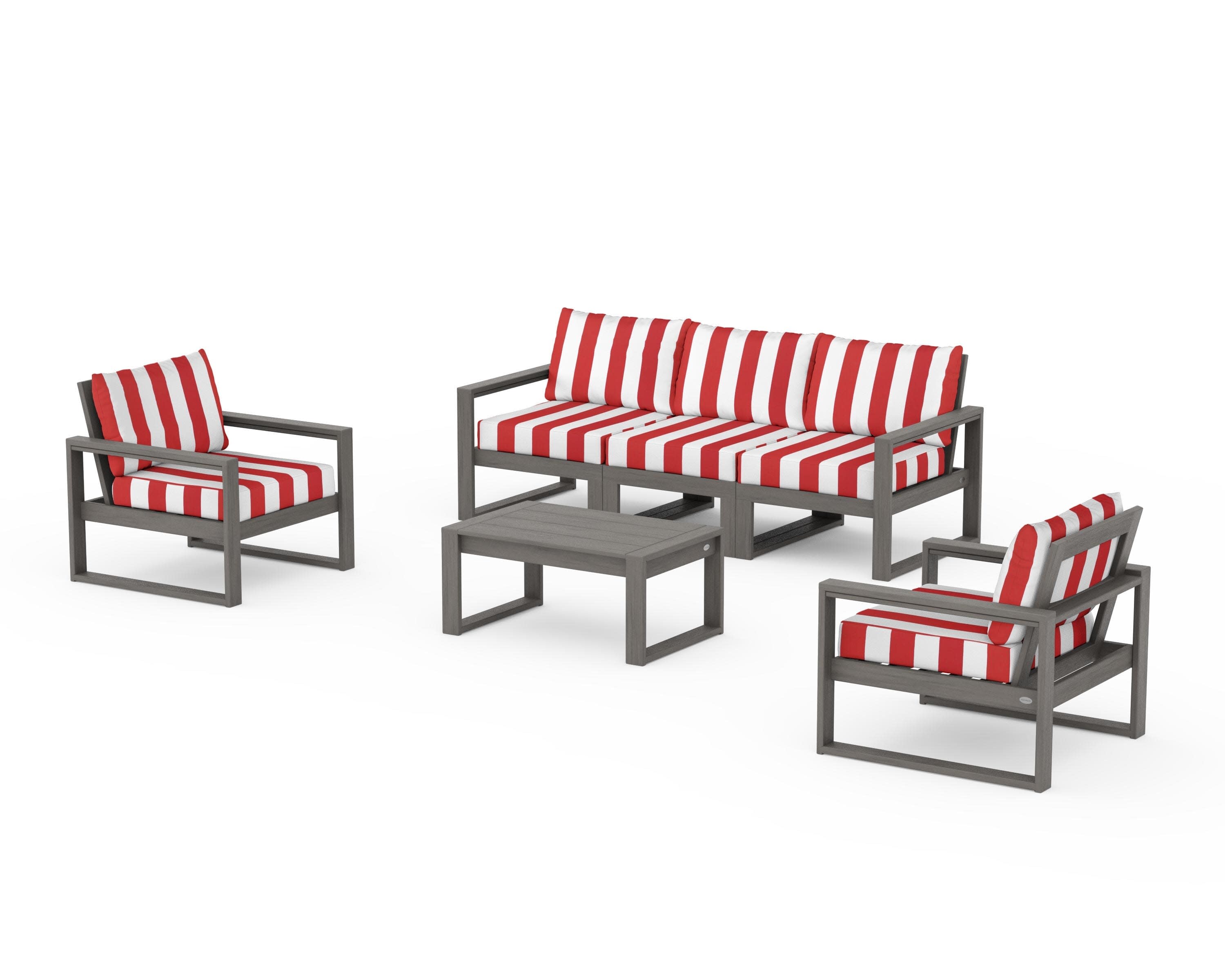 EDGE Sectional 4-Piece Deep Seating Set with Sofa in Driftwood / Cabana Stripe Crimson