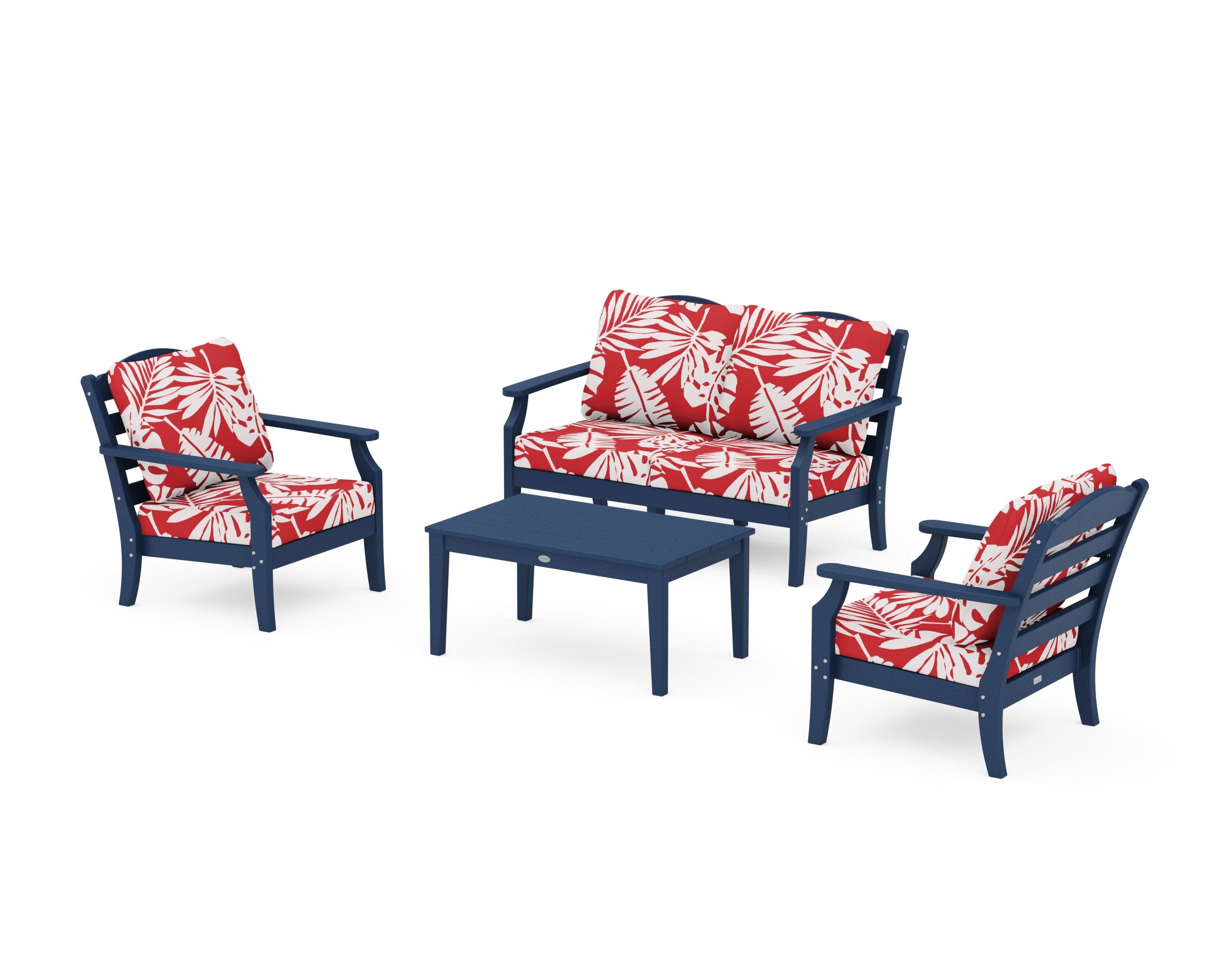 Savannah 4-Piece Deep Seating Set with Loveseat in Navy / Leaf Crimson