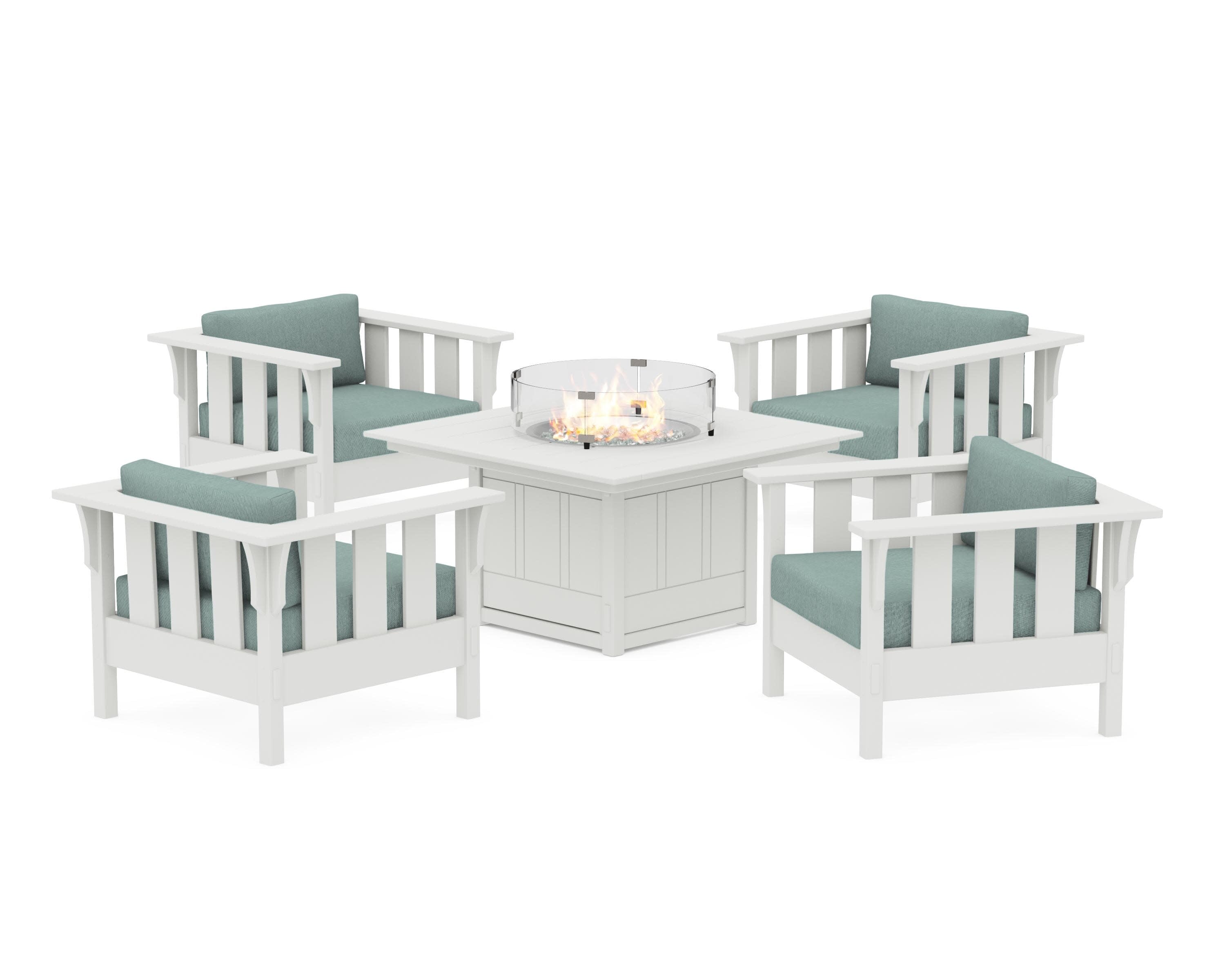 Acadia 5-Piece Deep Seating Set with Fire Pit Table in White / Glacier Spa