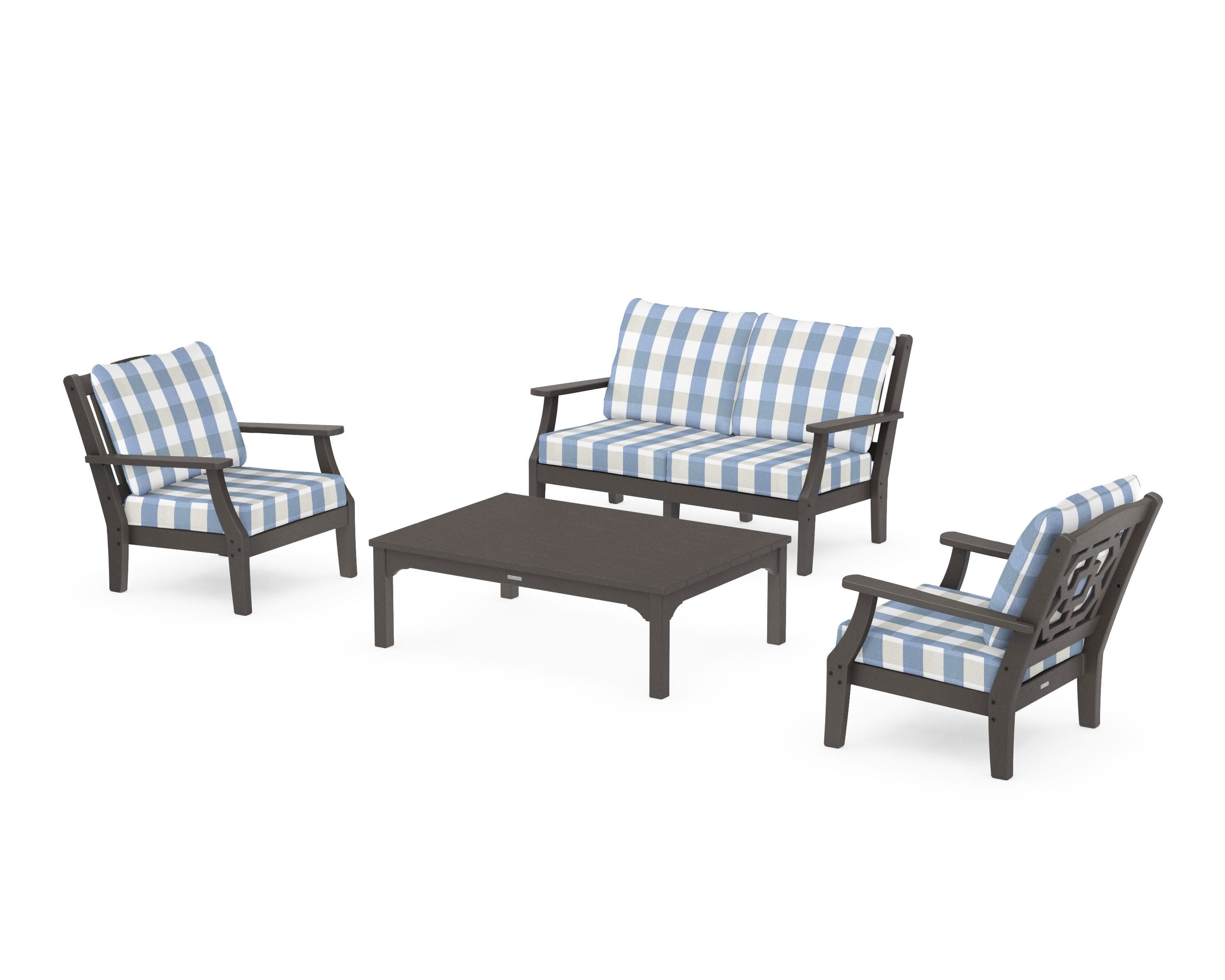 Chinoiserie 4-Piece Deep Seating Set with Loveseat in Vintage Coffee / Buffalo Plaid Sky Blue