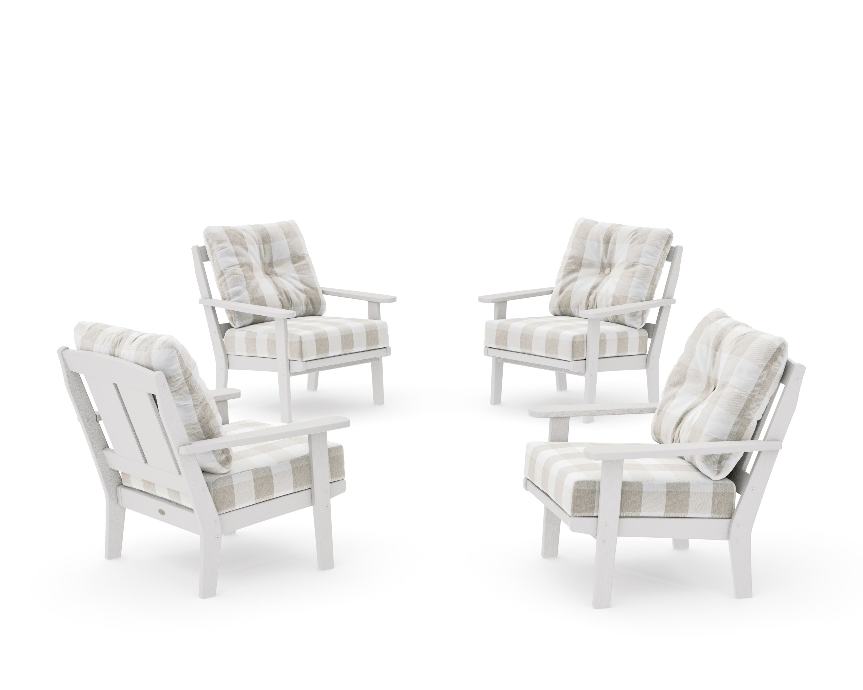 Mission 5-Piece Deep Seating Set with Fire Pit Table in Vintage White / Buffalo Plaid Dune Burlap