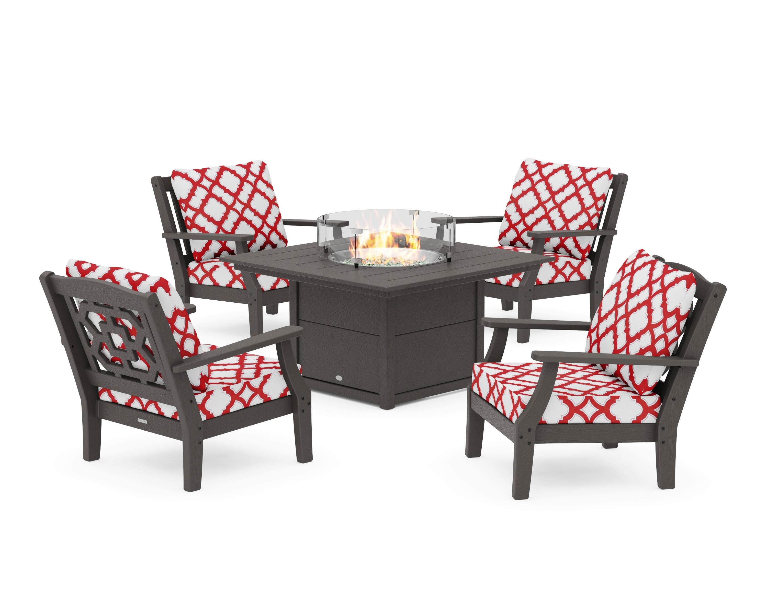 Chinoiserie 5-Piece Deep Seating Set with Fire Pit Table in Vintage Coffee / Trellis Crimson
