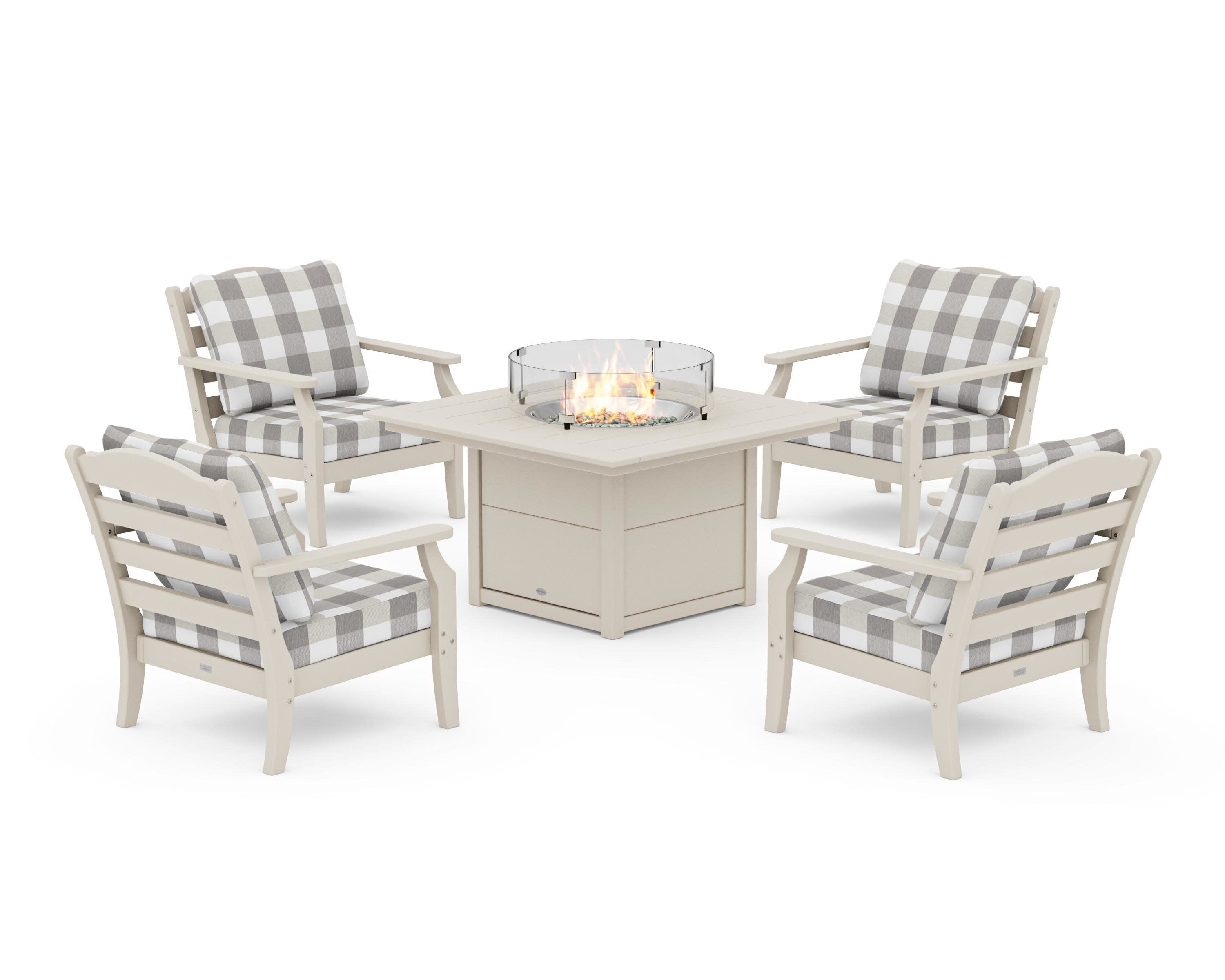Savannah 5-Piece Deep Seating Set with Fire Pit Table in Sand / Buffalo Plaid Grey Mist