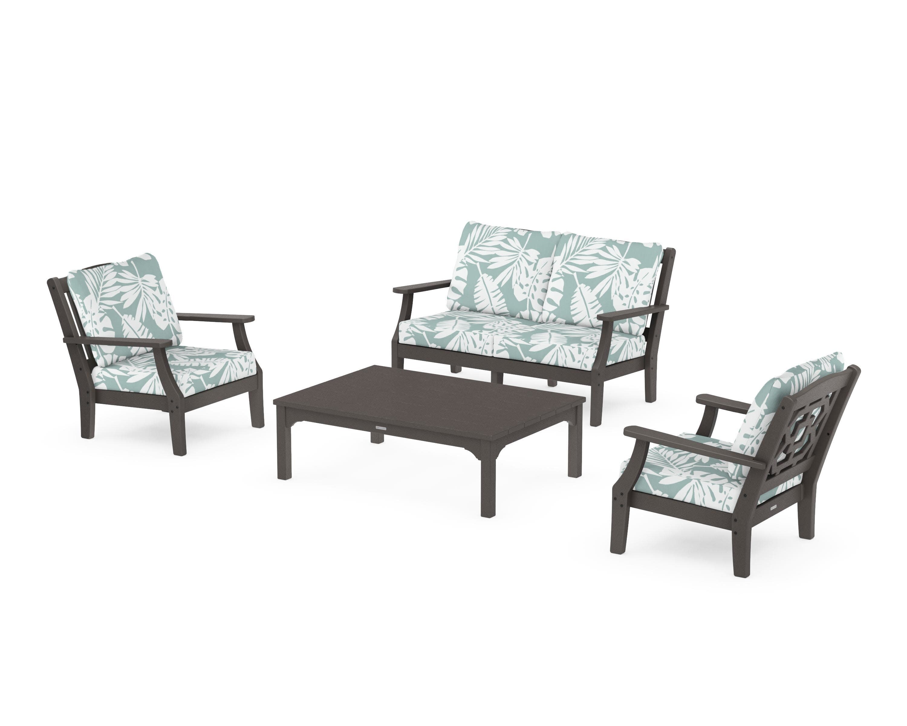 Chinoiserie 4-Piece Deep Seating Set with Loveseat in Vintage Coffee / Leaf Glacier Spa
