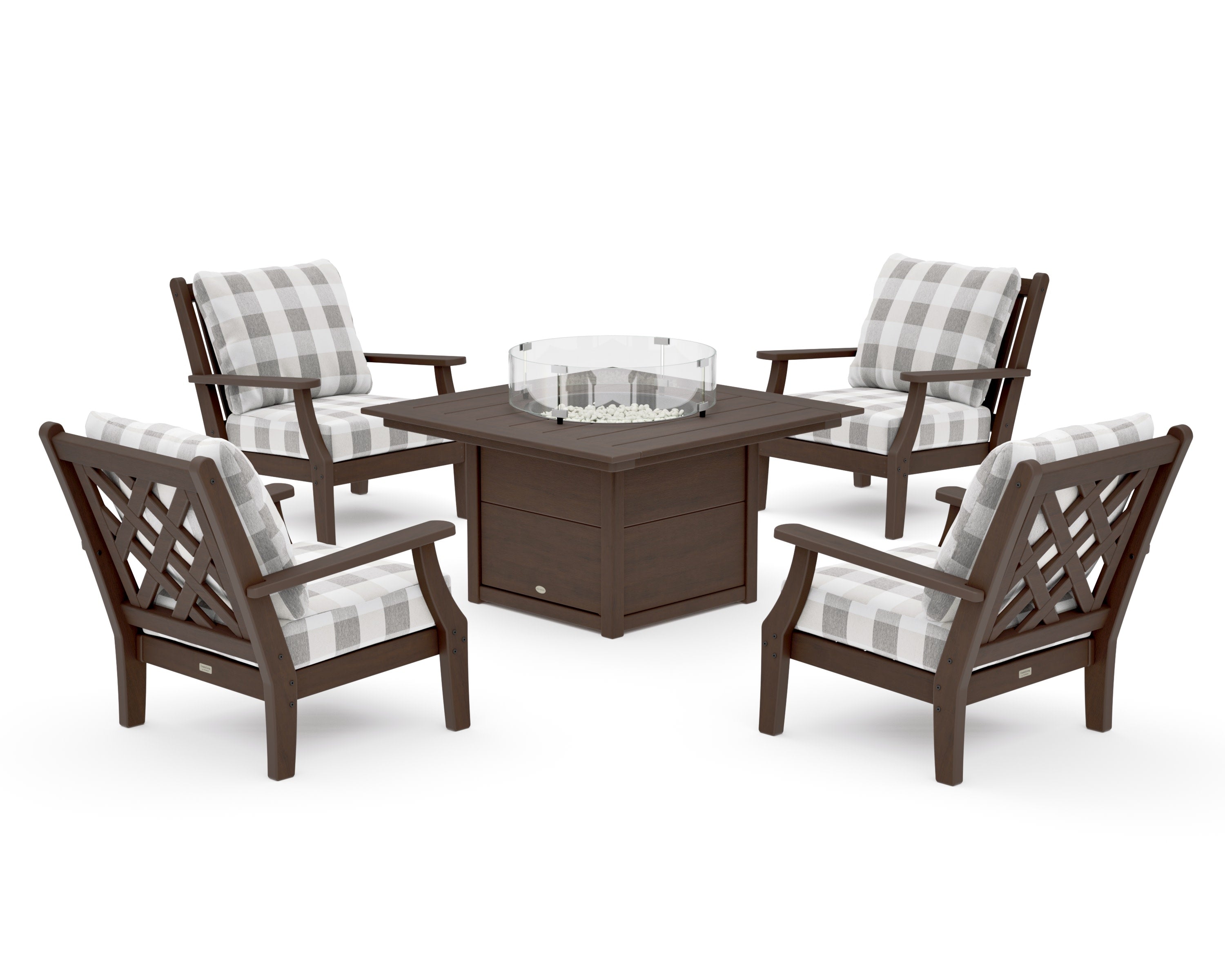 Wovendale 5-Piece Deep Seating Set with Fire Pit Table in Kona / Buffalo Plaid Grey Mist