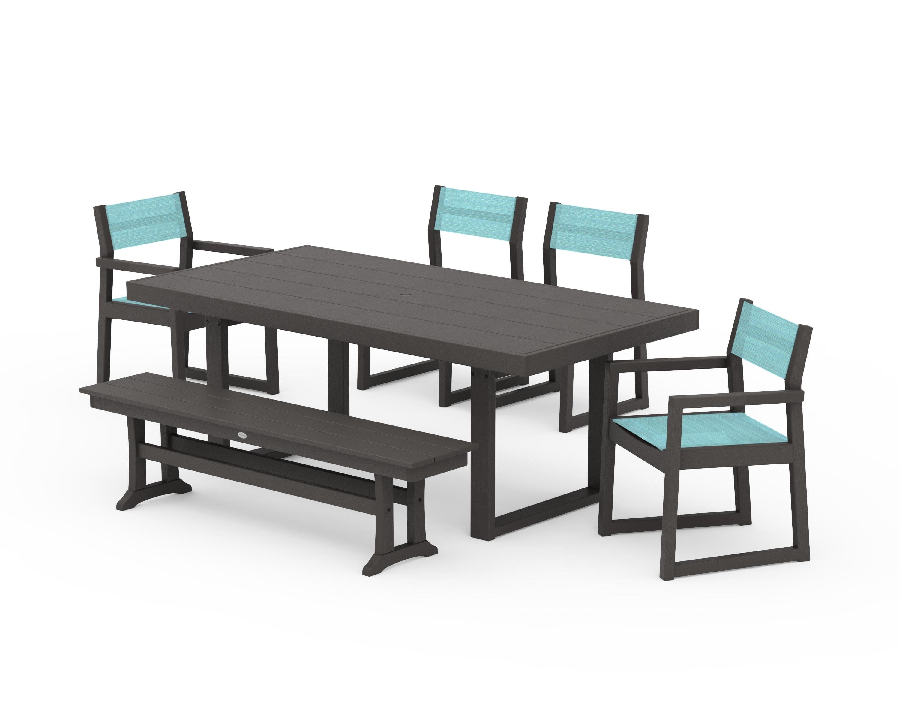 EDGE Sling 6-Piece Dining Set with Bench in Vintage Coffee / Dupioni Aquamarine Sling