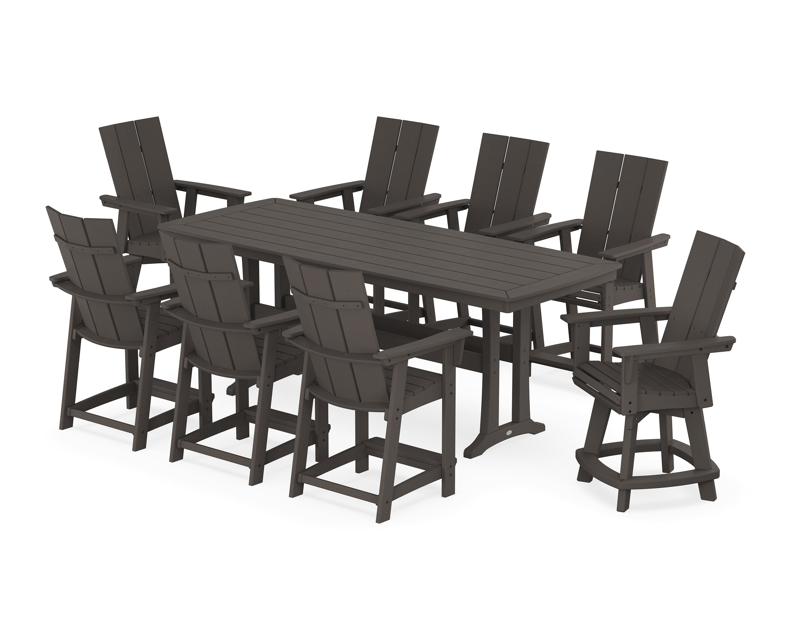 Modern Curveback Adirondack Swivel 9-Piece Counter Set with Trestle Legs in Vintage Coffee