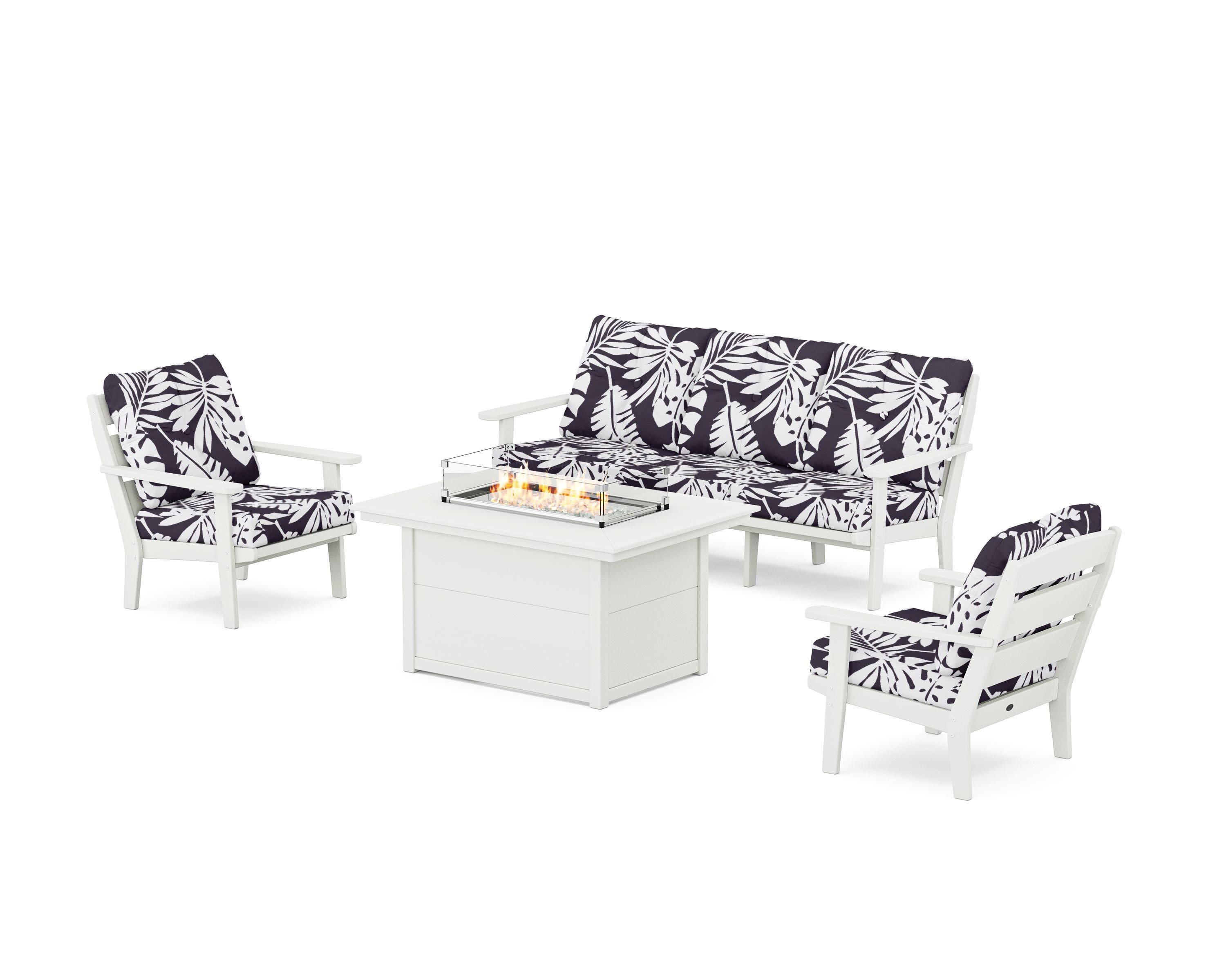 Lakeside Deep Seating Fire Pit Table Set in Vintage White / Leaf Navy