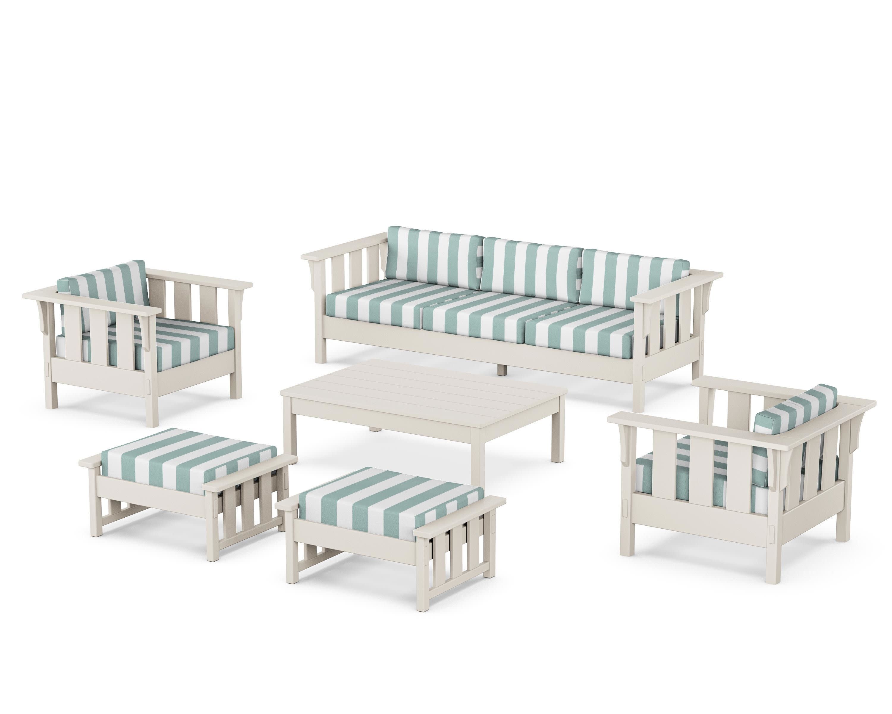 Acadia 6-Piece Lounge Sofa Set in Sand / Cabana Stripe Glacier Spa