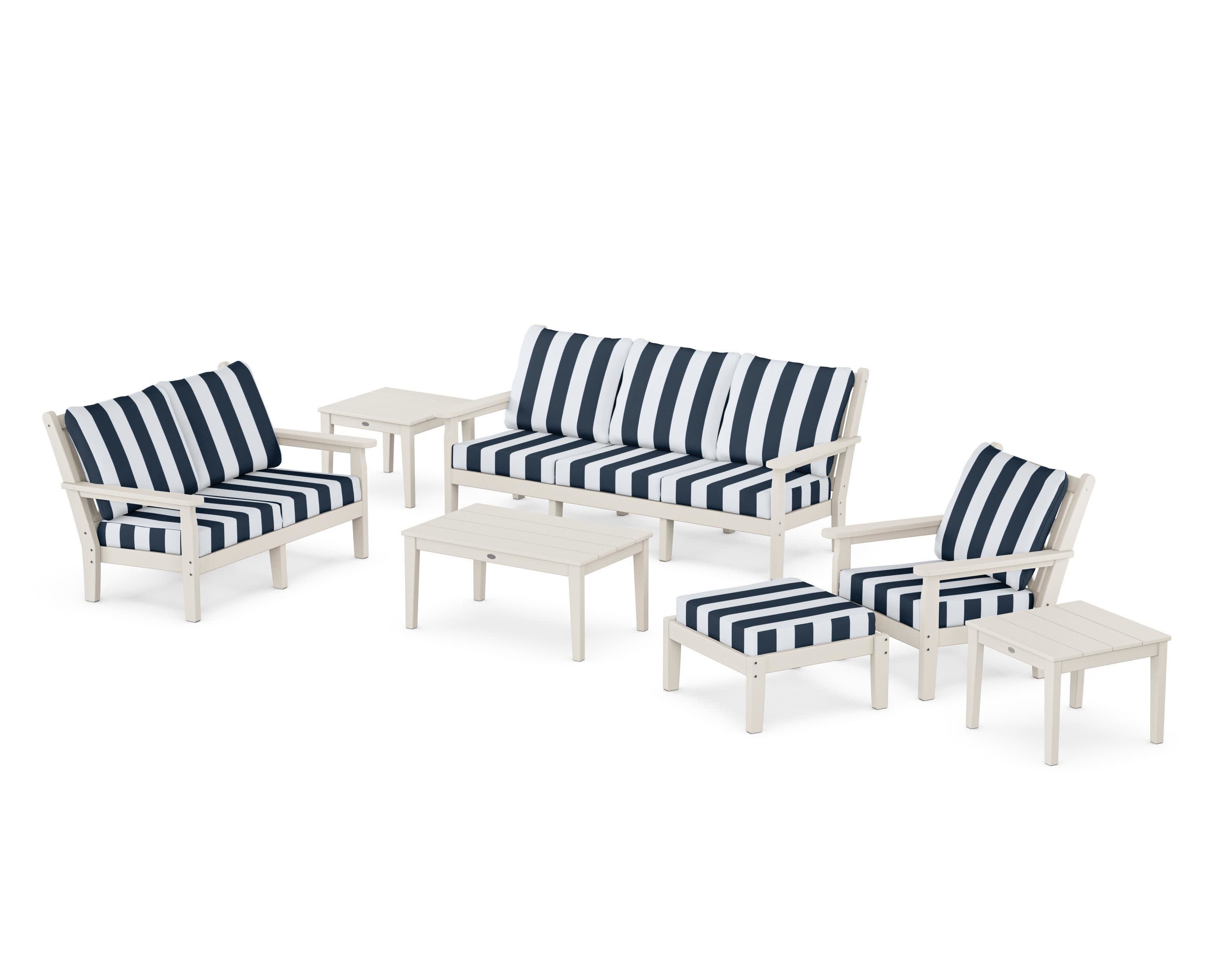 Chippendale 7-Piece Deep Seating Set in Sand / Cabana Stripe Marine Indigo