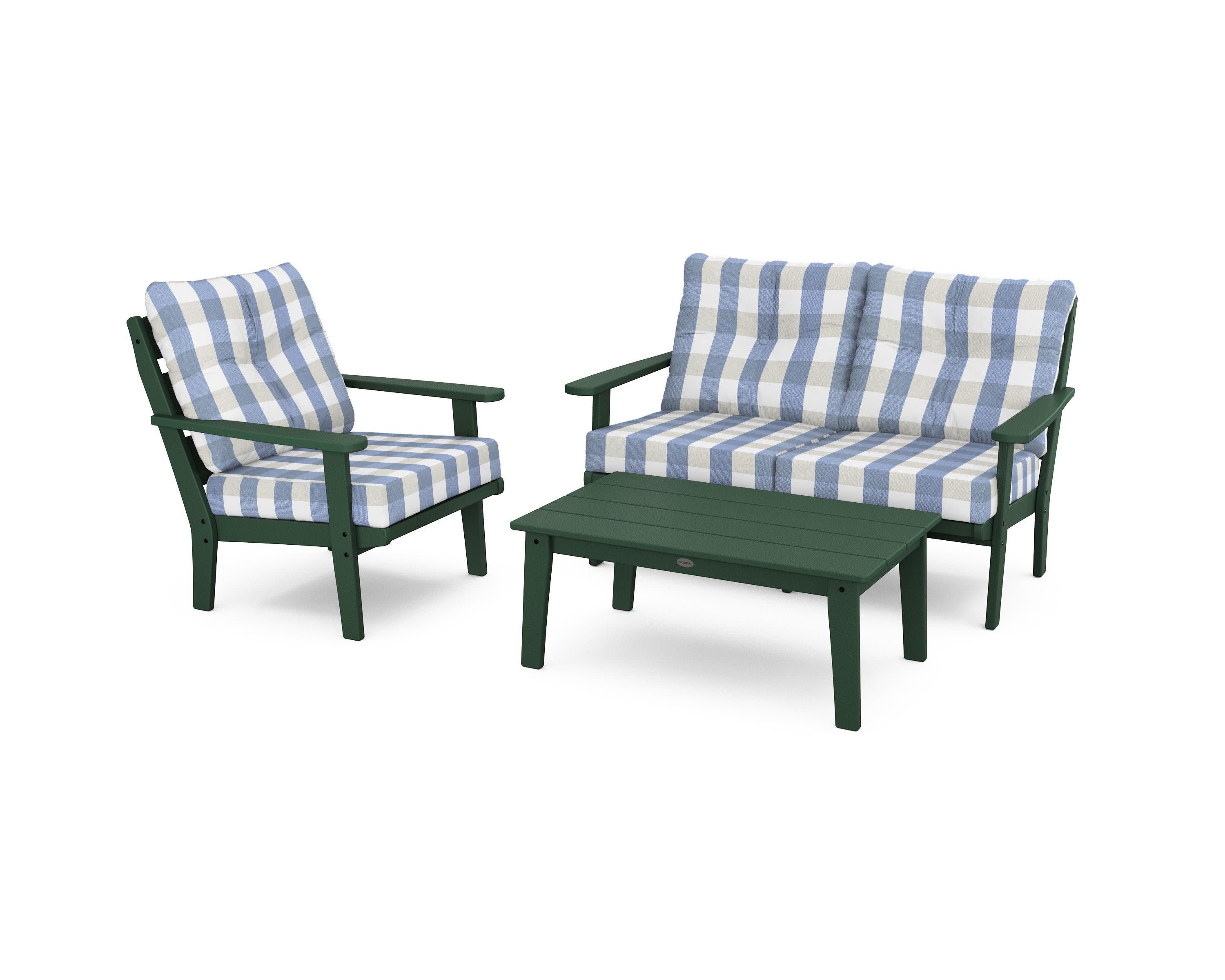 Lakeside 3-Piece Deep Seating Set in Green / Buffalo Plaid Sky Blue