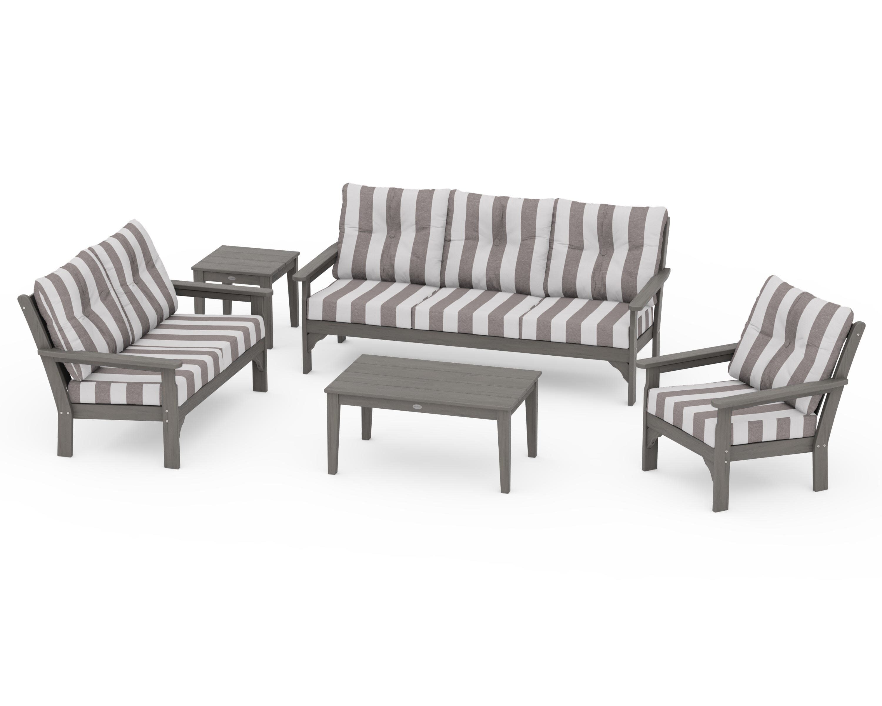 Vineyard 5 Piece Deep Seating Set in Driftwood / Cabana Stripe Grey Mist