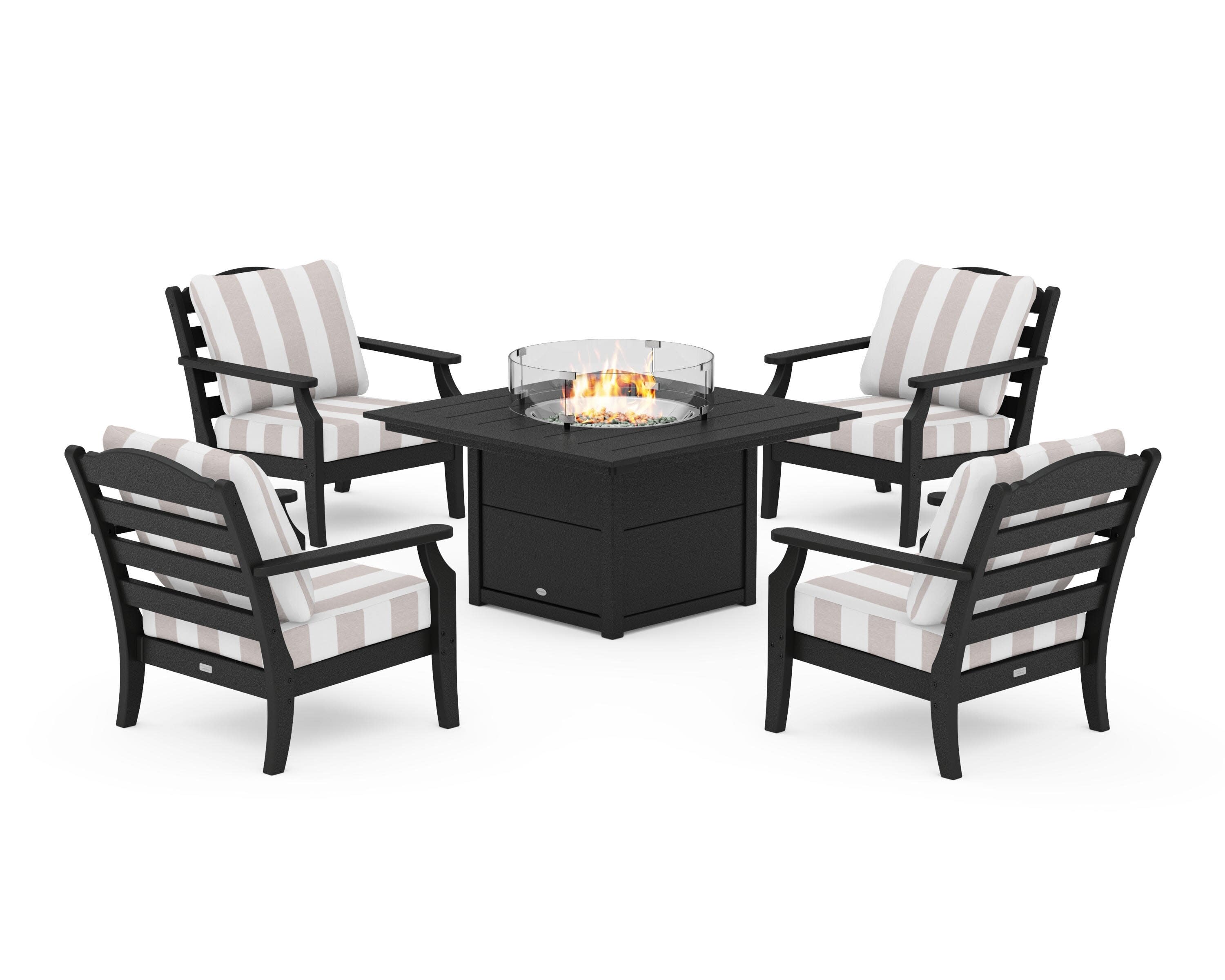 Savannah 5-Piece Deep Seating Set with Fire Pit Table in Black / Cabana Stripe Dune Burlap