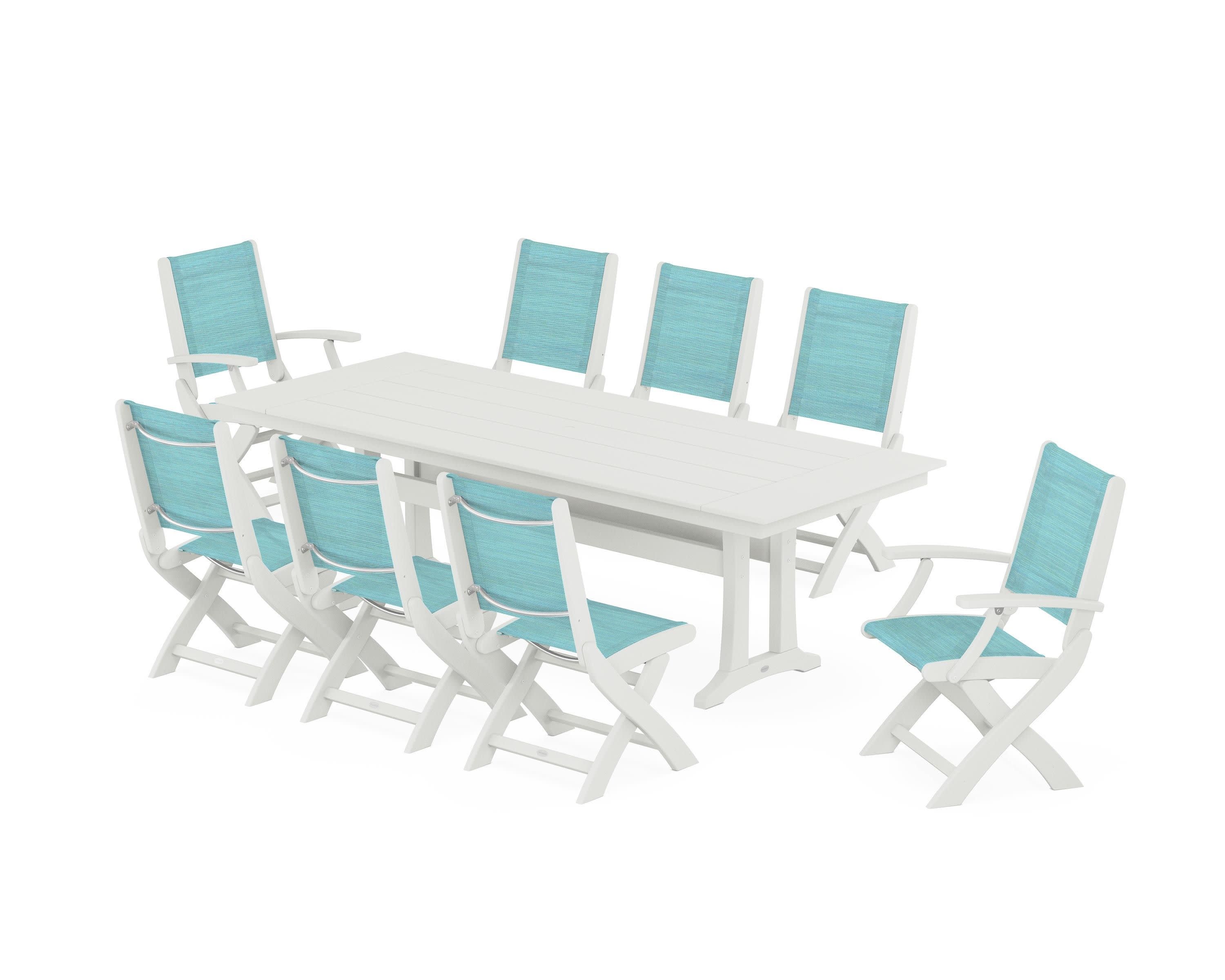 Coastal 9-Piece Folding Dining Chair Farmhouse Dining Set with Trestle Legs in Vintage White / Dupioni Aquamarine Sling