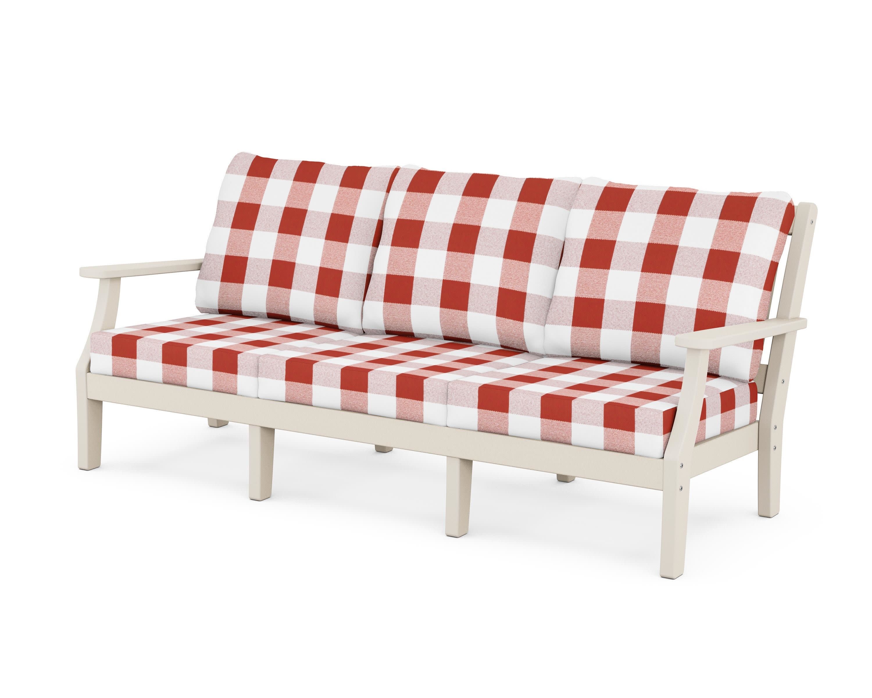 Chinoiserie Deep Seating Sofa in Sand / Buffalo Plaid Crimson