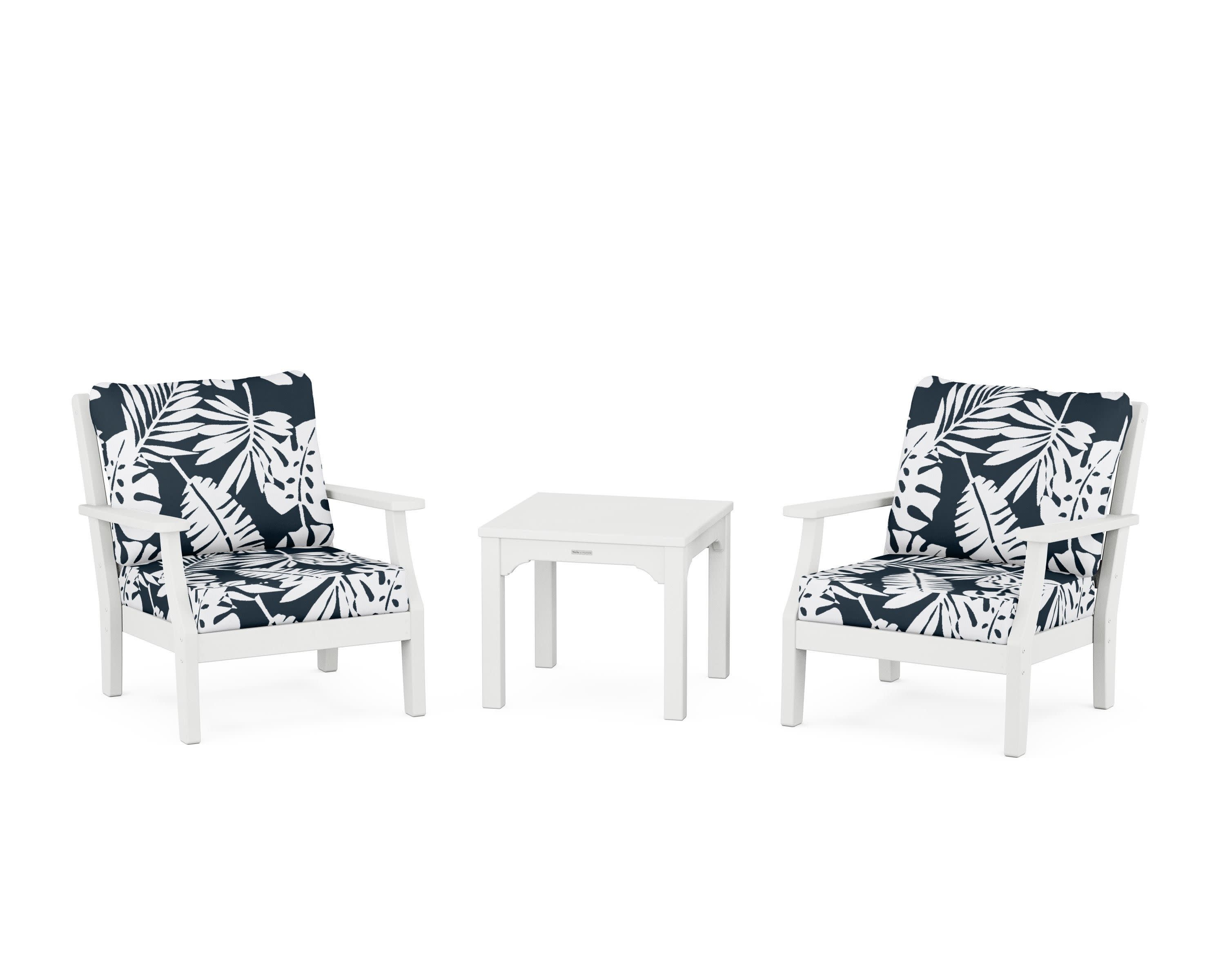 Chinoiserie 3-Piece Deep Seating Set in White / Leaf Marine Indigo