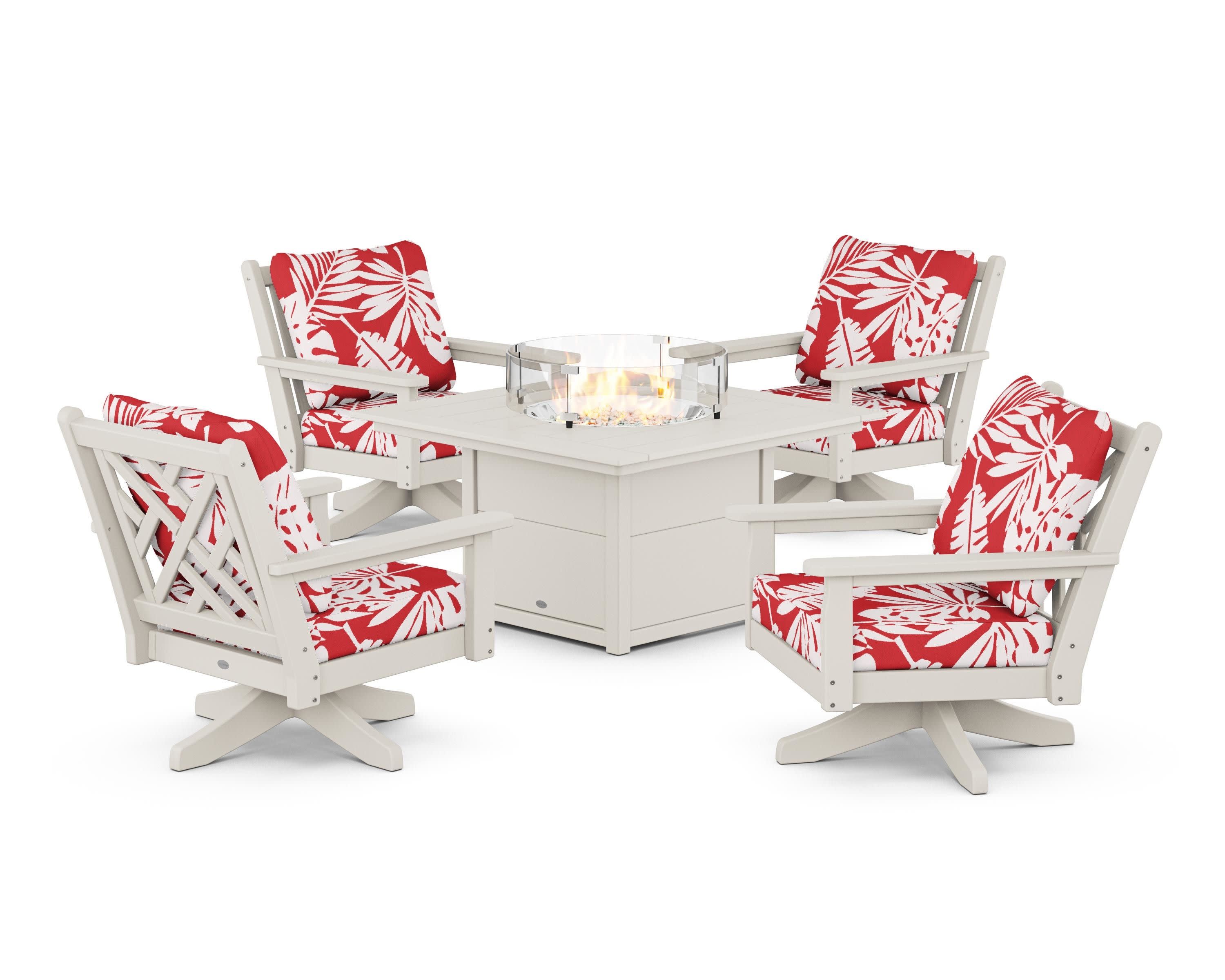 Chippendale 5-Piece Deep Seating Swivel Conversation Set with Fire Pit Table in Sand / Leaf Crimson