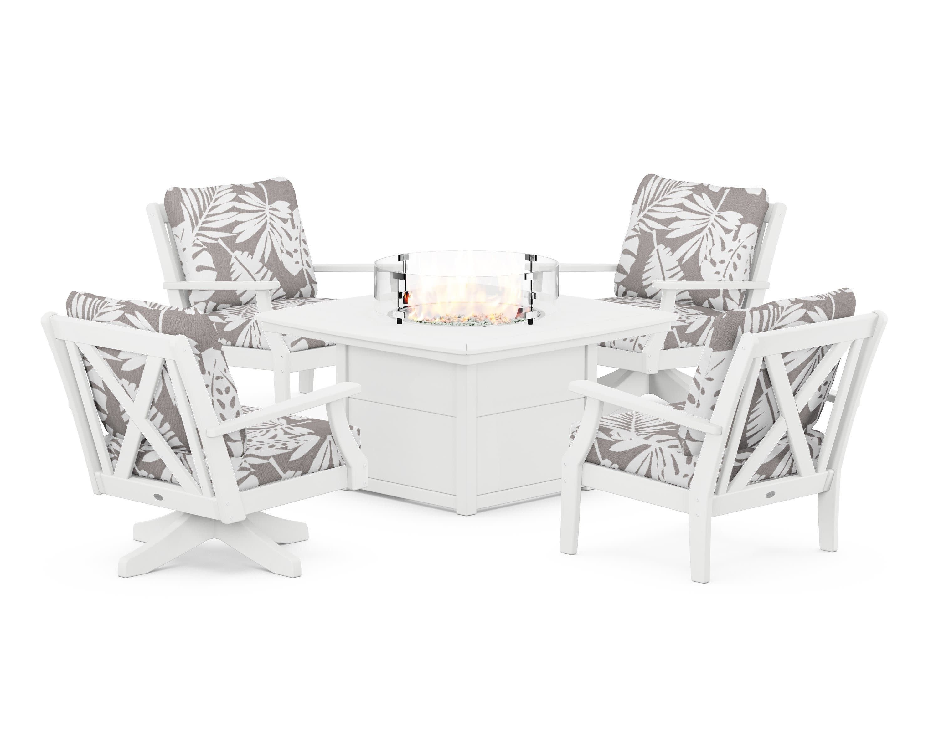 Braxton 5-Piece Deep Seating Set with Fire Table in White / Leaf Grey Mist