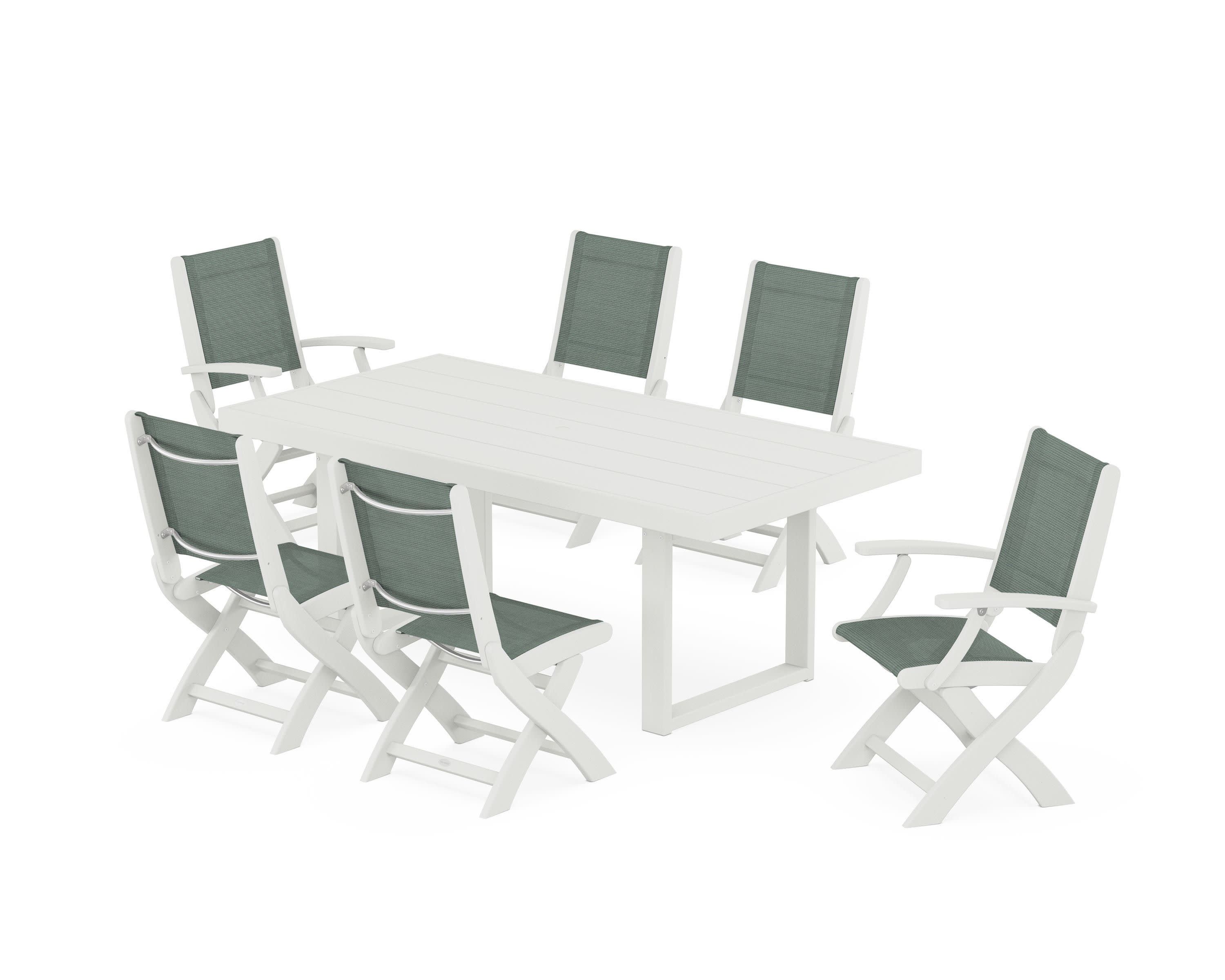 Coastal Folding Chair 7-Piece Dining Set with Trestle Legs in Vintage White / Dupioni Sea Mist Sling