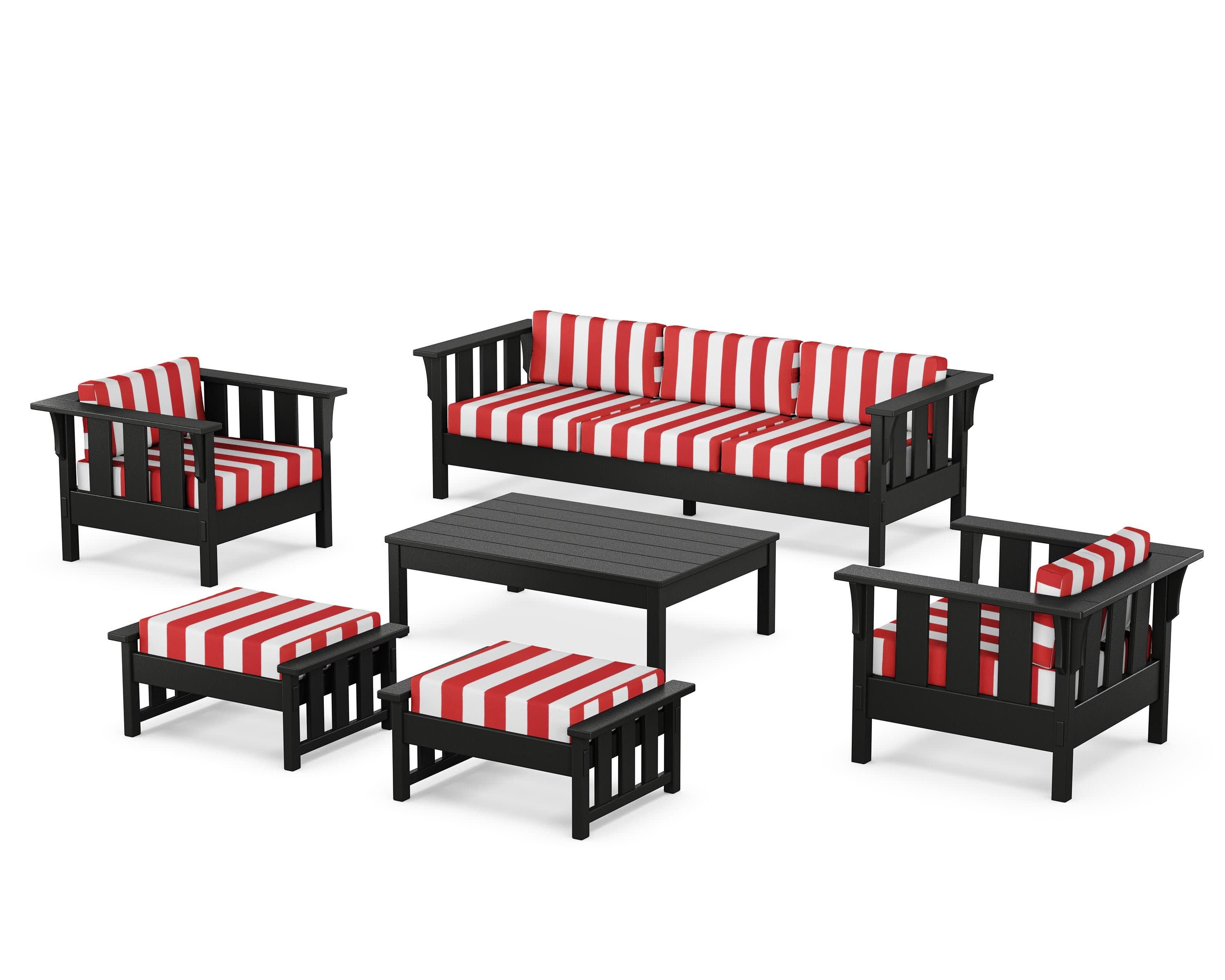 Acadia 6-Piece Lounge Sofa Set in Black / Cabana Stripe Crimson