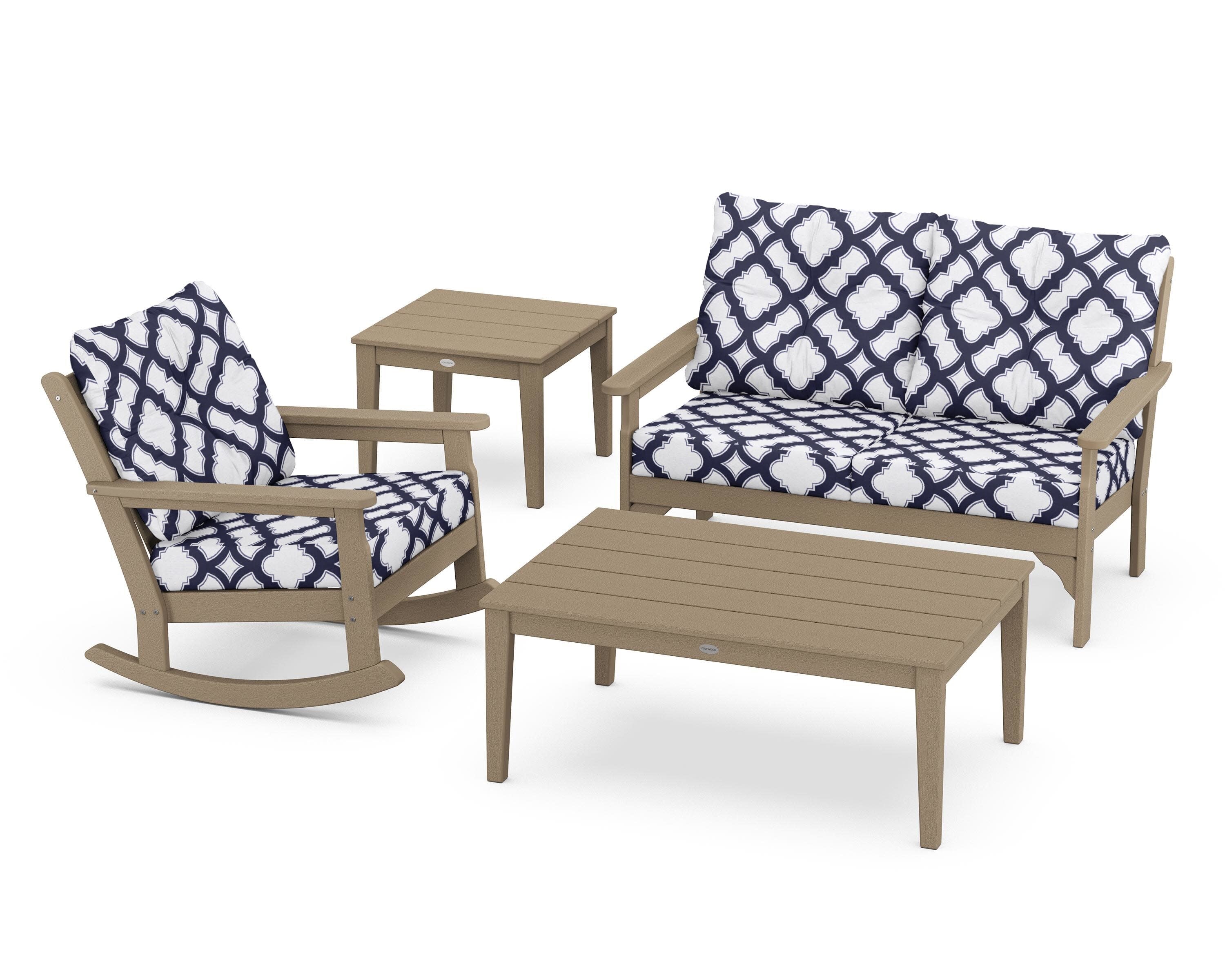 Vineyard 4-Piece Deep Seating Rocker Set in Vintage Sahara / Trellis Navy