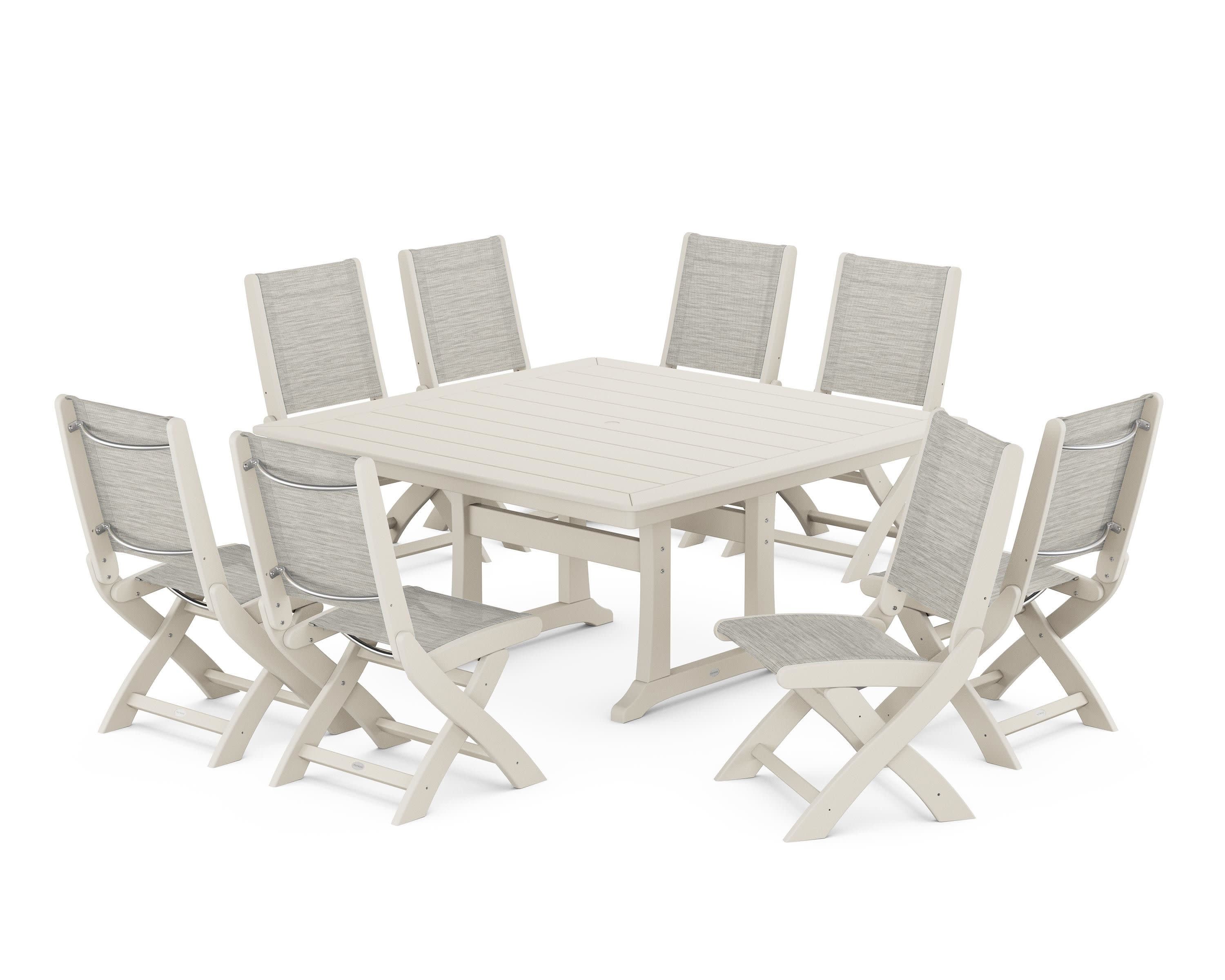 Coastal Folding Side Chair 9-Piece Dining Set with Trestle Legs in Sand / Birch Sling