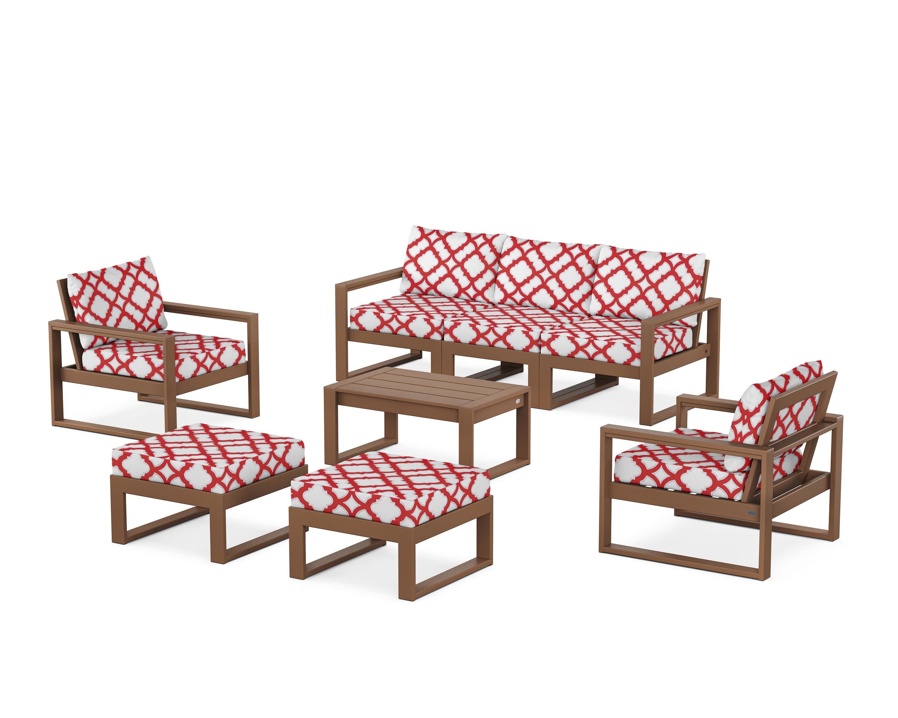 EDGE Sectional 8-Piece Lounge Sofa Set in Teak / Trellis Crimson