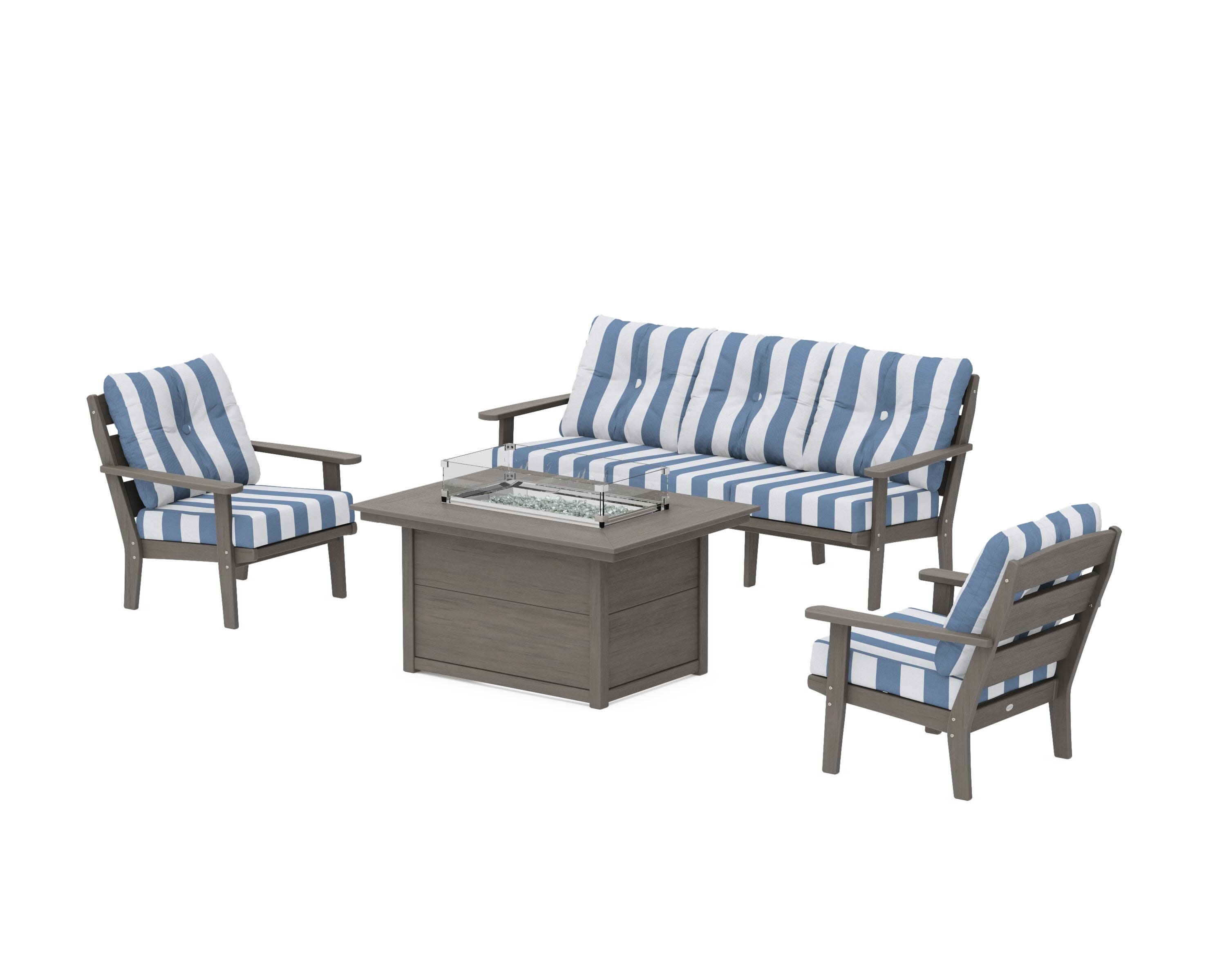Lakeside Deep Seating Fire Pit Table Set in Driftwood / Cabana Stripe Sky Blue