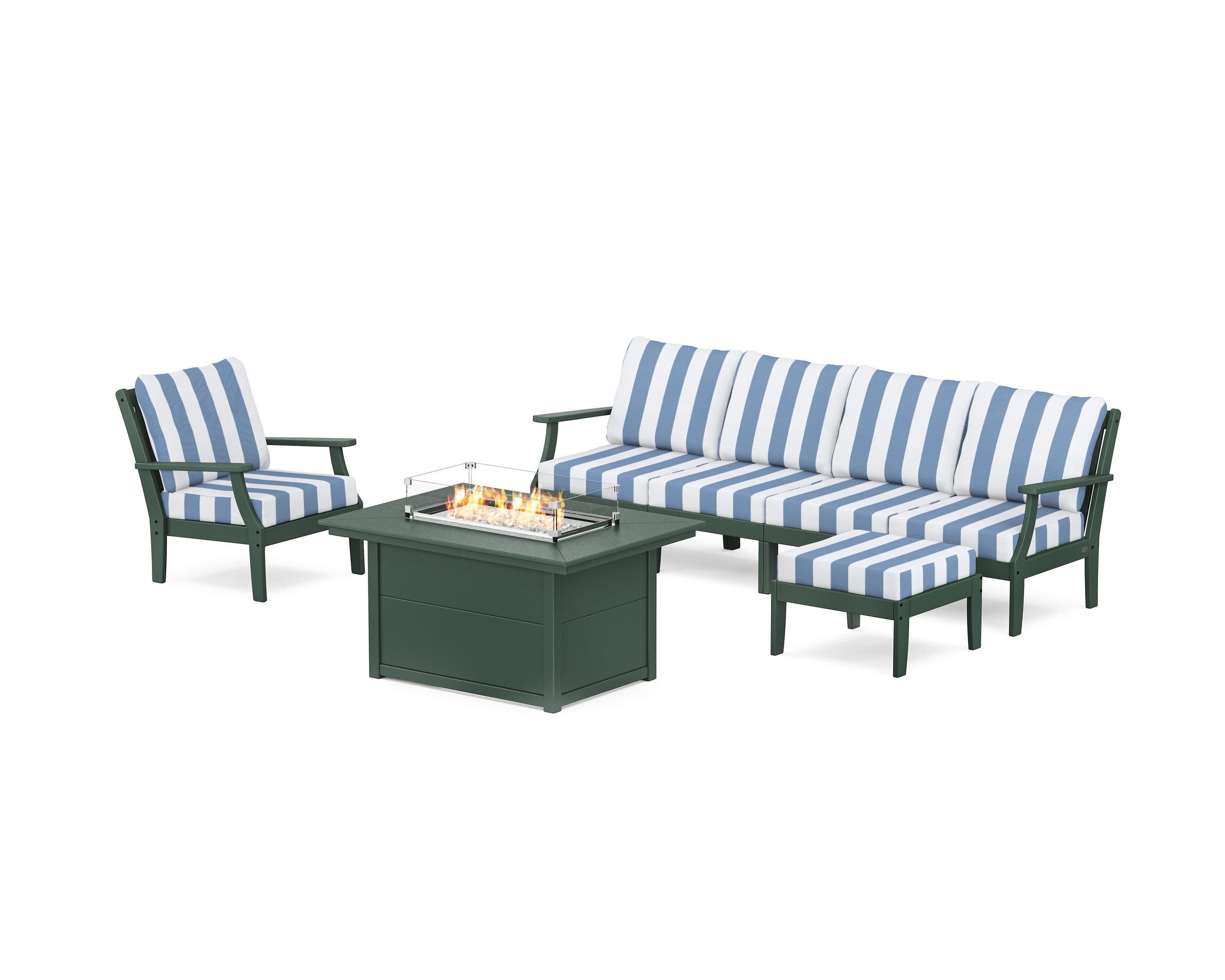 Braxton Sectional Lounge and Fire Pit Set in Green / Cabana Stripe Sky Blue