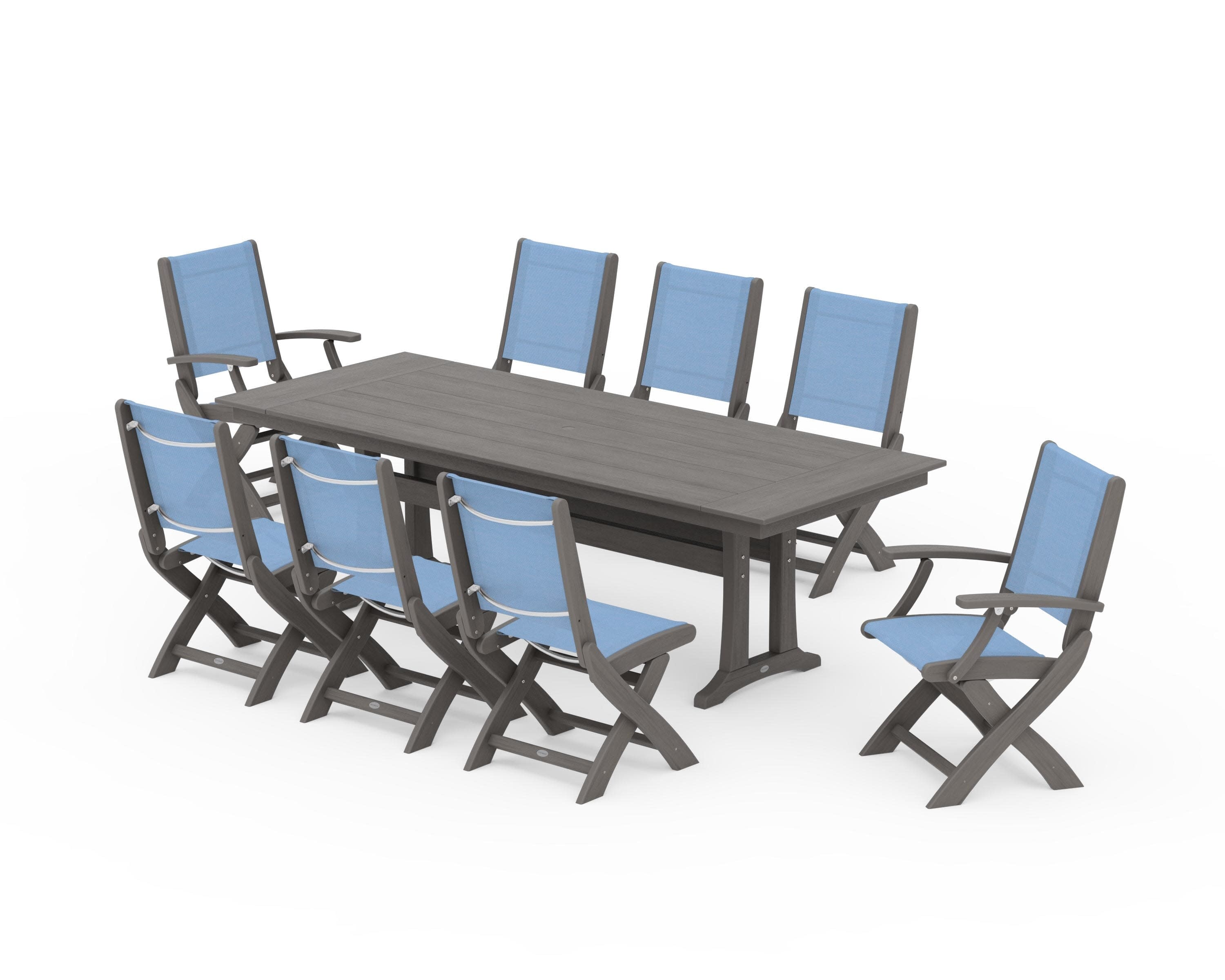 Coastal 9-Piece Folding Dining Chair Farmhouse Dining Set with Trestle Legs in Driftwood / Poolside Sling
