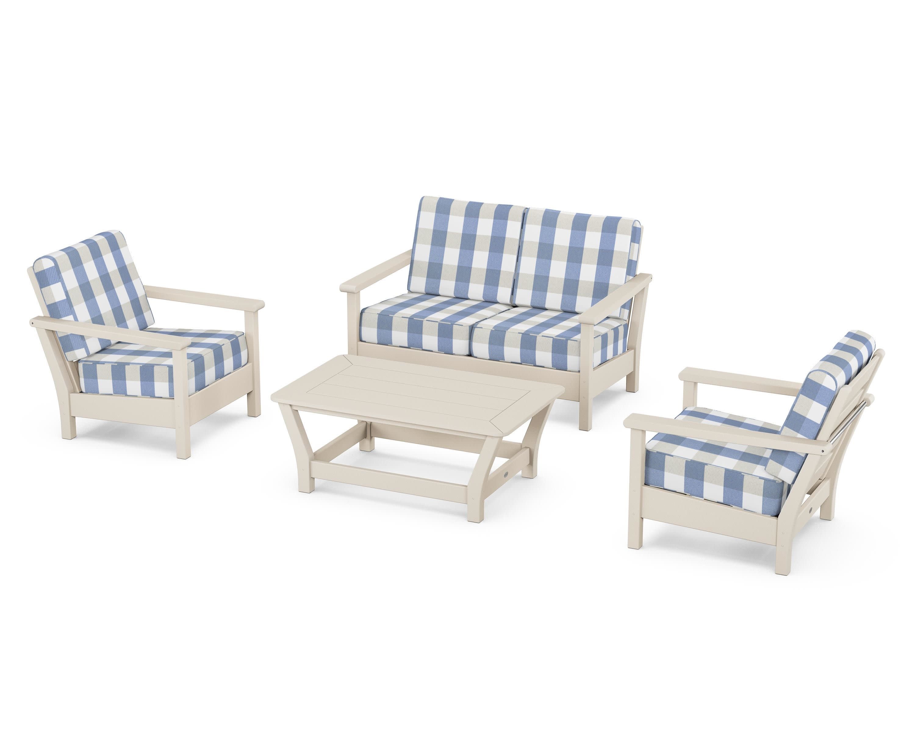 Harbour 4-Piece Deep Seating Set in Sand / Buffalo Plaid Sky Blue