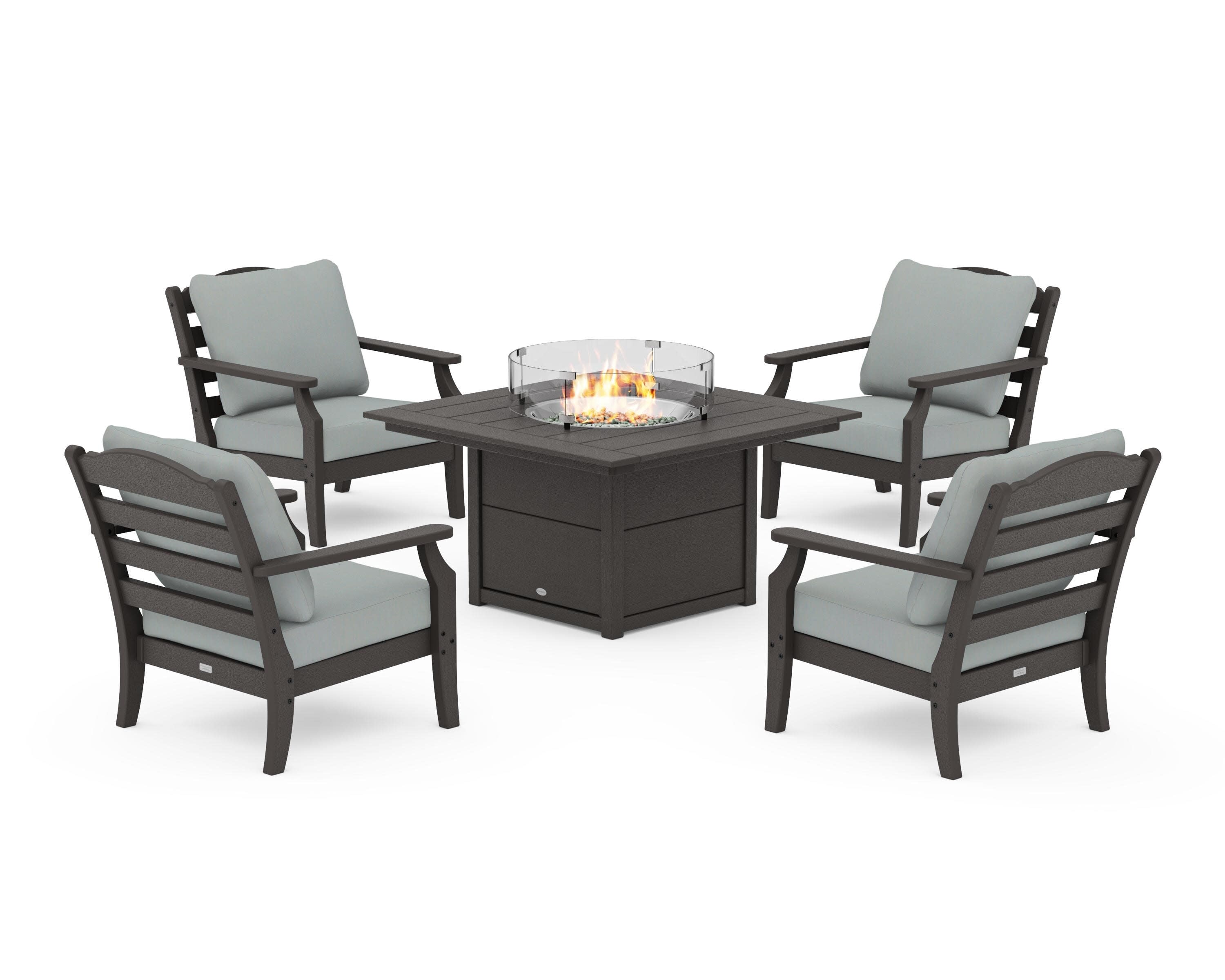 Savannah 5-Piece Deep Seating Set with Fire Pit Table in Vintage Coffee / Spa