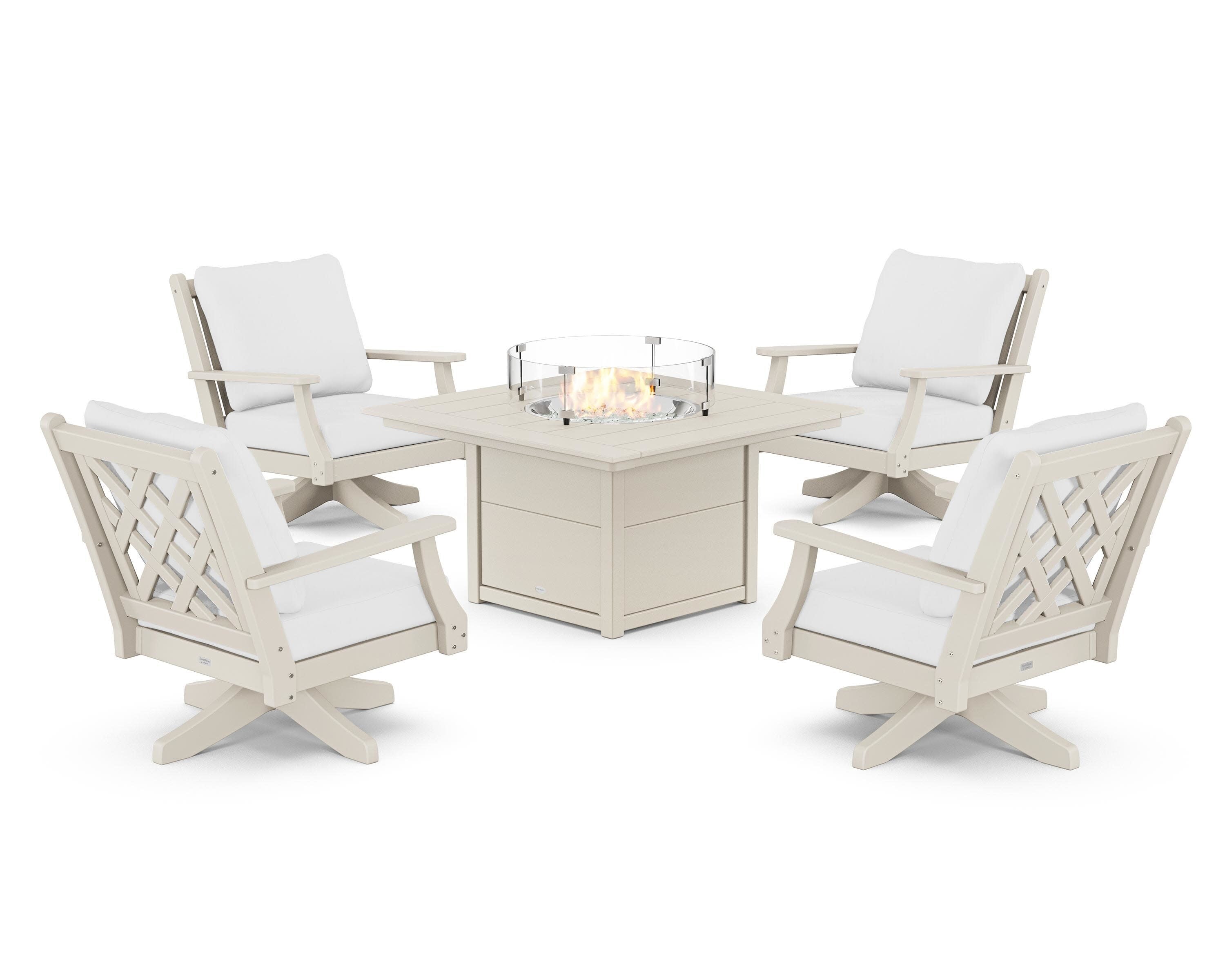 Wovendale 5-Piece Deep Seating Swivel Conversation Set with Fire Pit Table in Sand / Natural