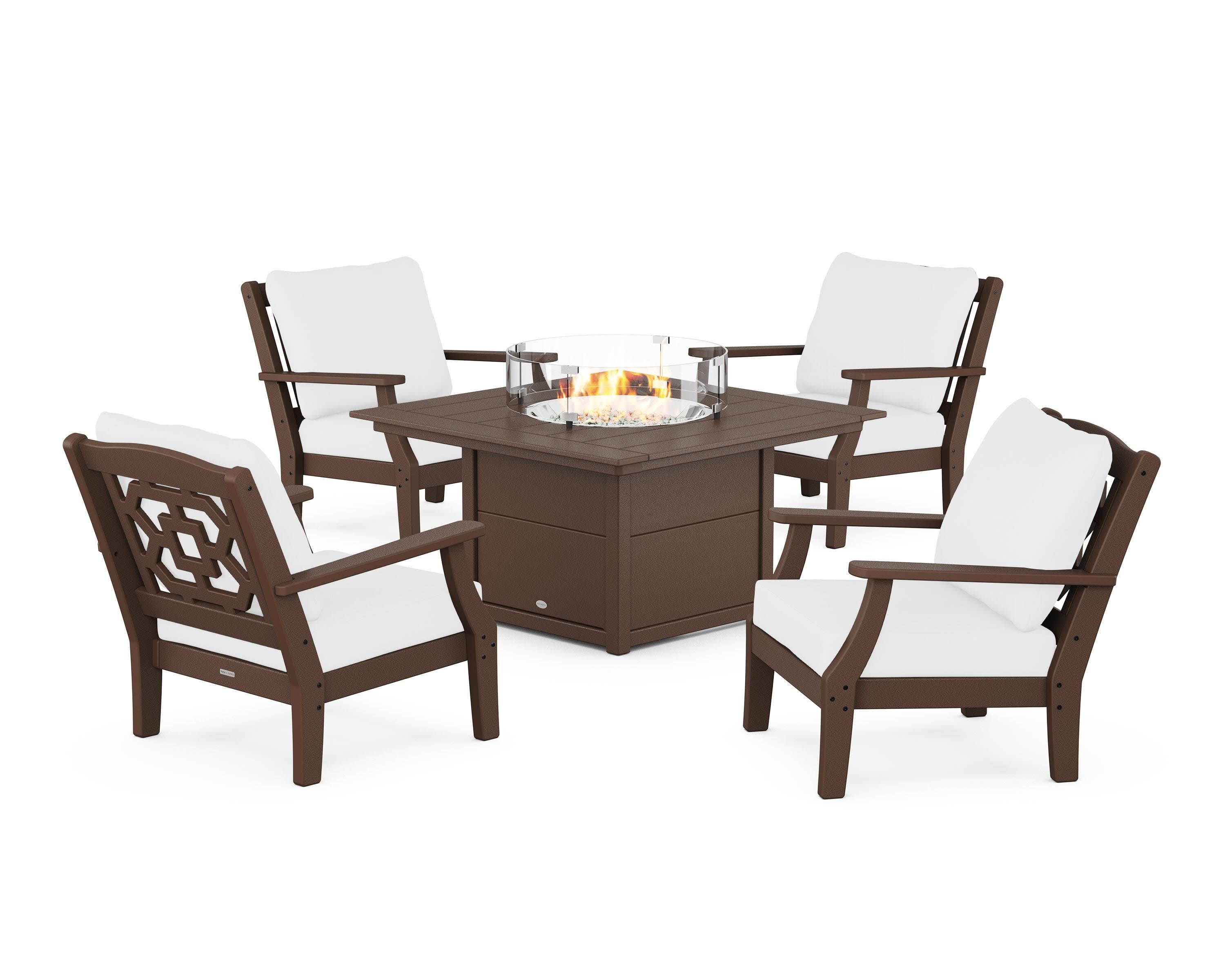 Chinoiserie 5-Piece Deep Seating Set with Fire Pit Table in Mahogany / Natural