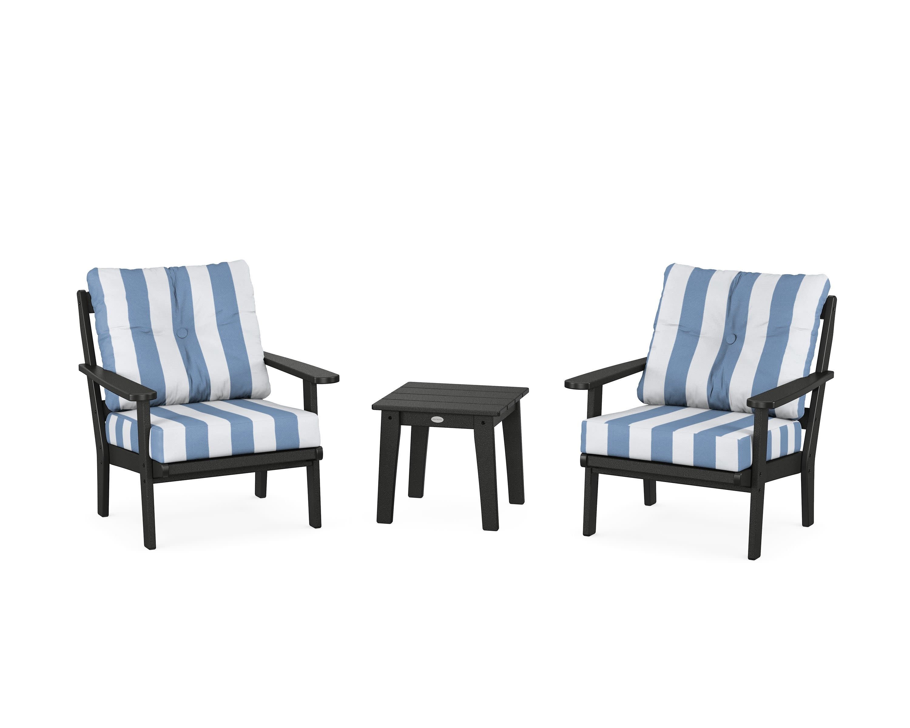 Mission 3-Piece Deep Seating Set in Black / Cabana Stripe Sky Blue