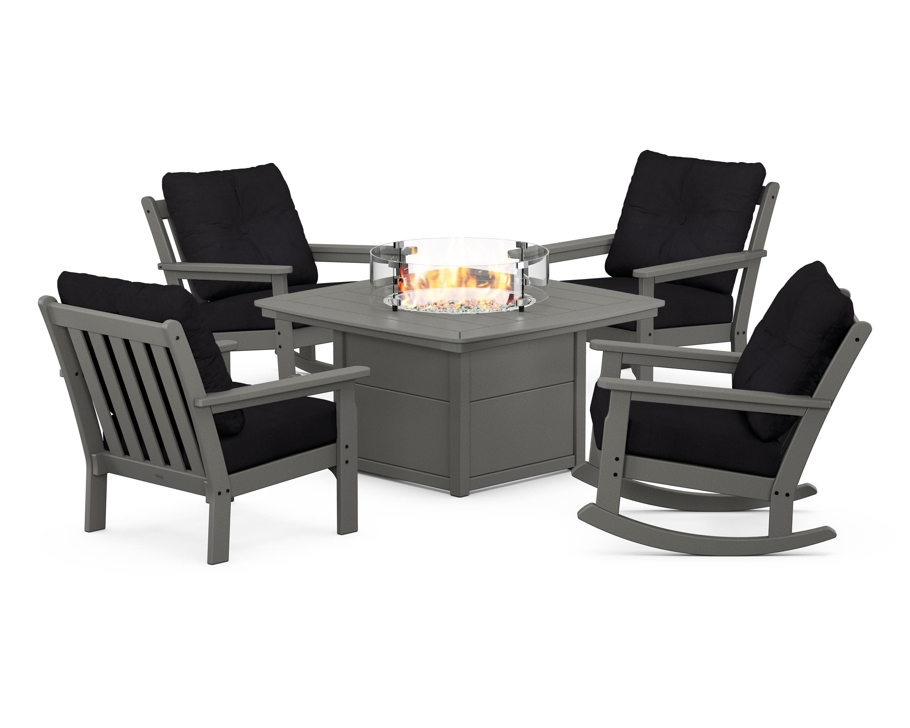 Vineyard 5-Piece Deep Seating Rocking Chair Conversation Set with Fire Pit Table in Slate Grey / Midnight Linen