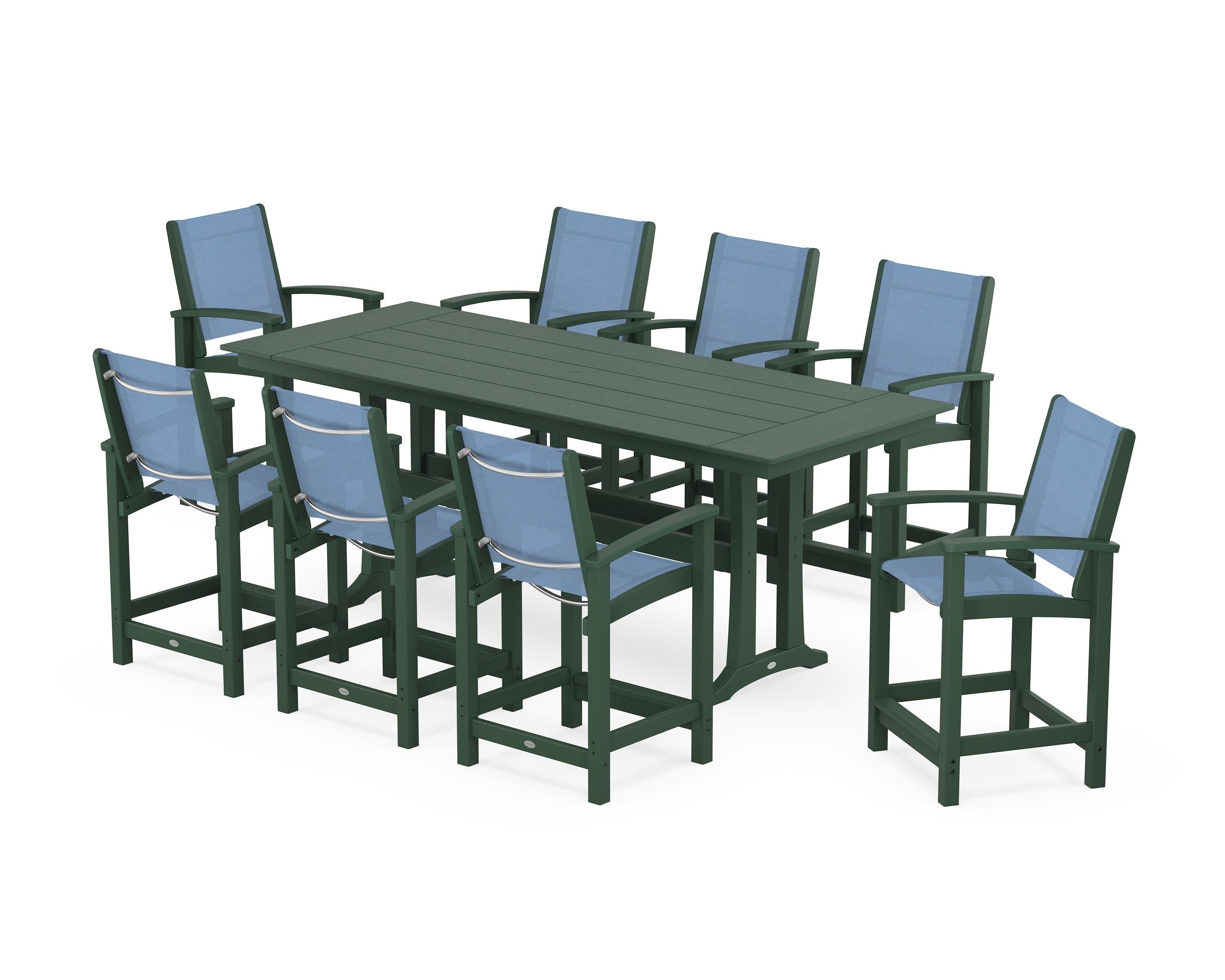 Coastal 9-Piece Farmhouse Counter Set with Trestle Legs in Green / Poolside Sling