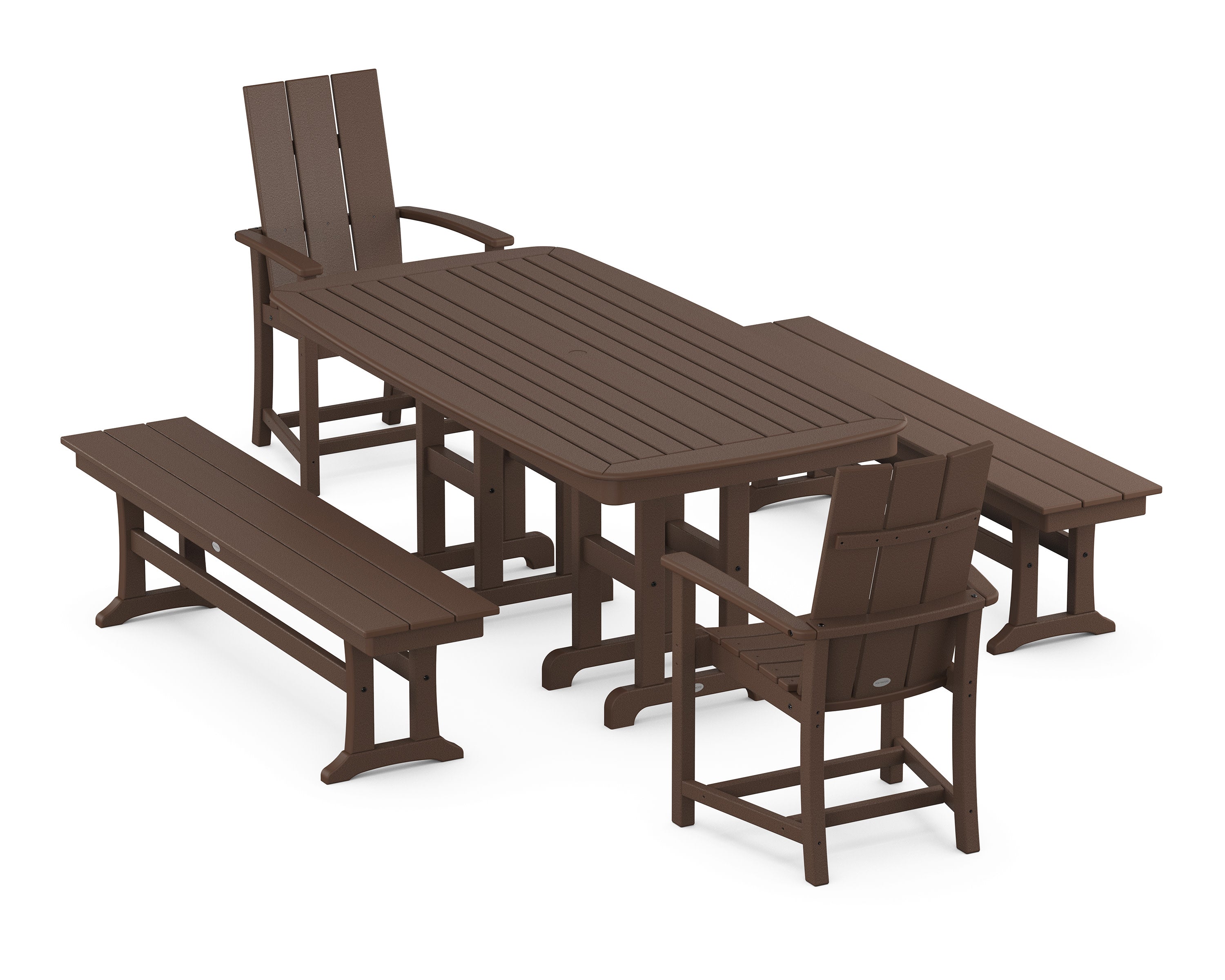 Modern Adirondack 5-Piece Farmhouse Dining Set with Benches in Mahogany