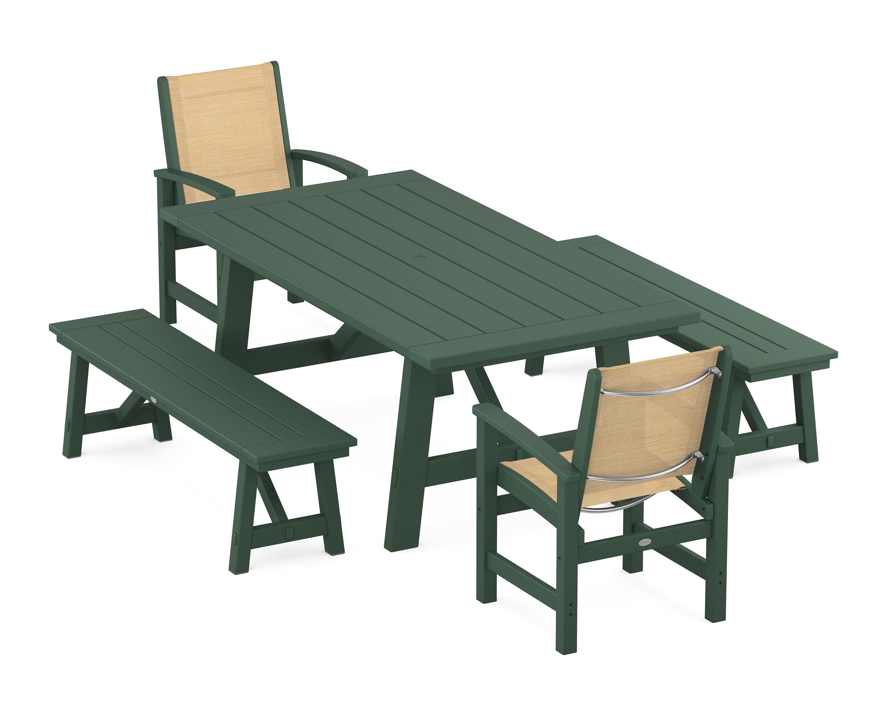 Coastal 5-Piece Rustic Farmhouse Dining Set With Benches in Green / Dupioni Apricot Sling