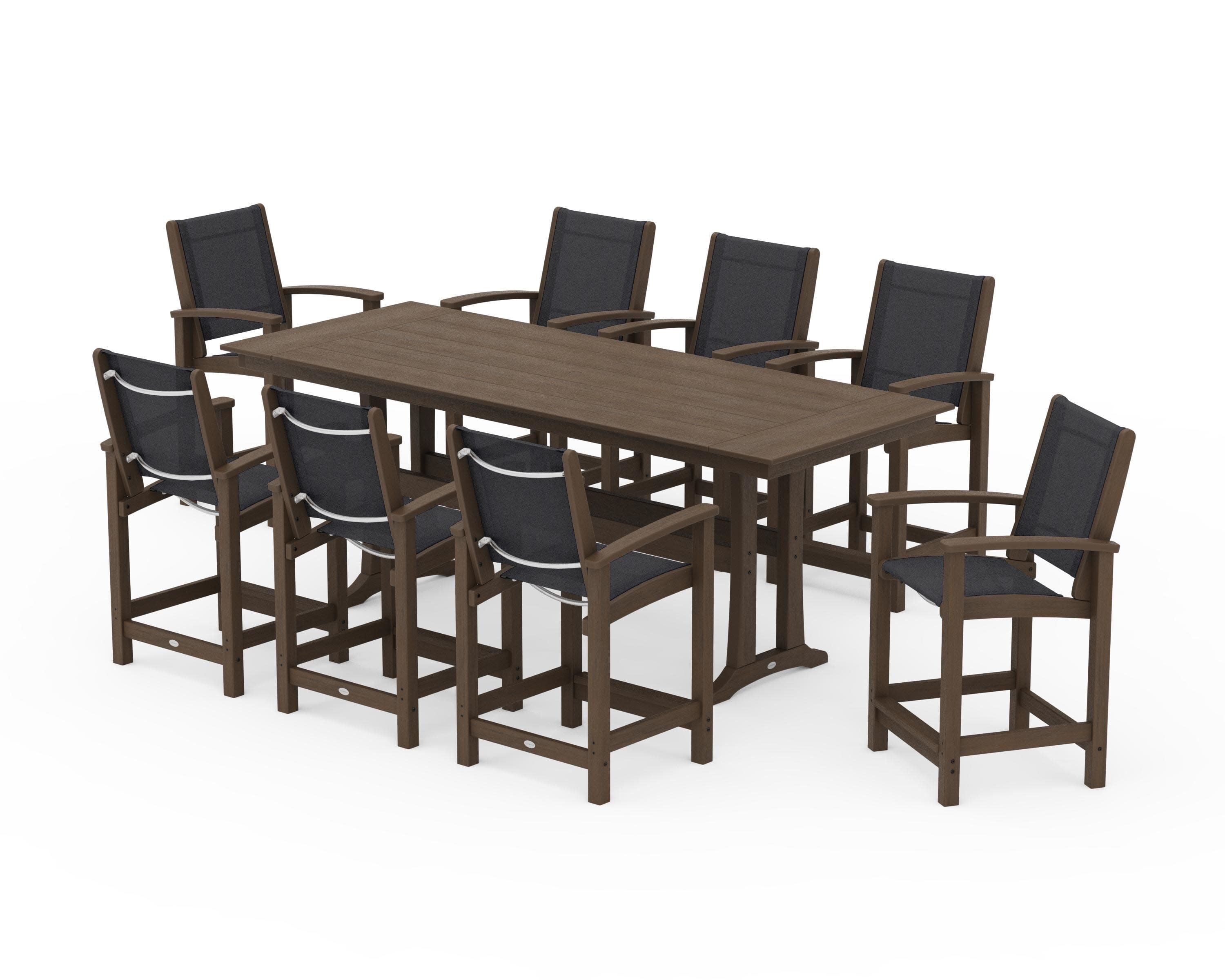 Coastal 9-Piece Farmhouse Counter Set with Trestle Legs in Kona / Black Sling