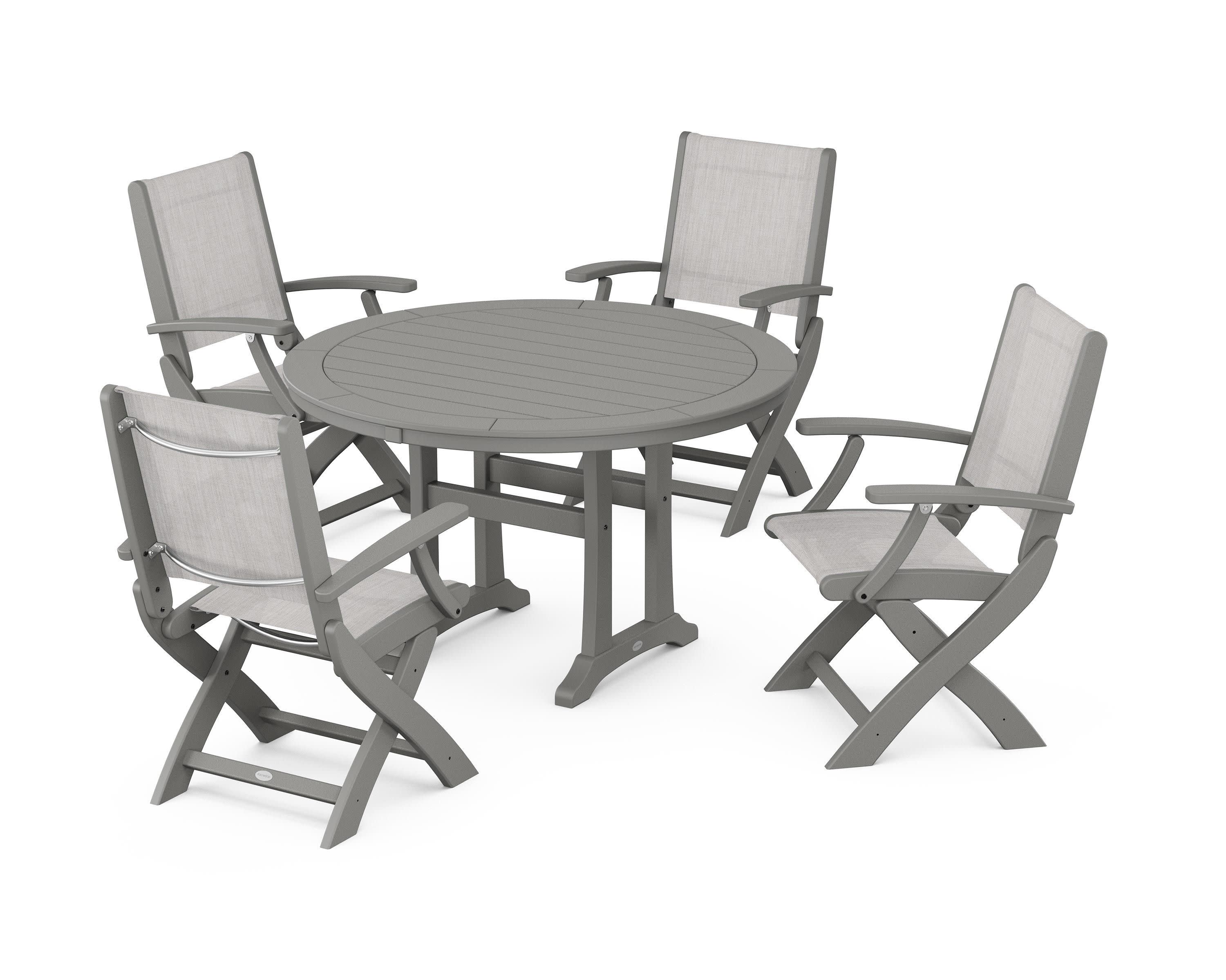 Coastal Folding Chair 5-Piece Round Dining Set with Trestle Legs in Slate Grey / Parchment Sling
