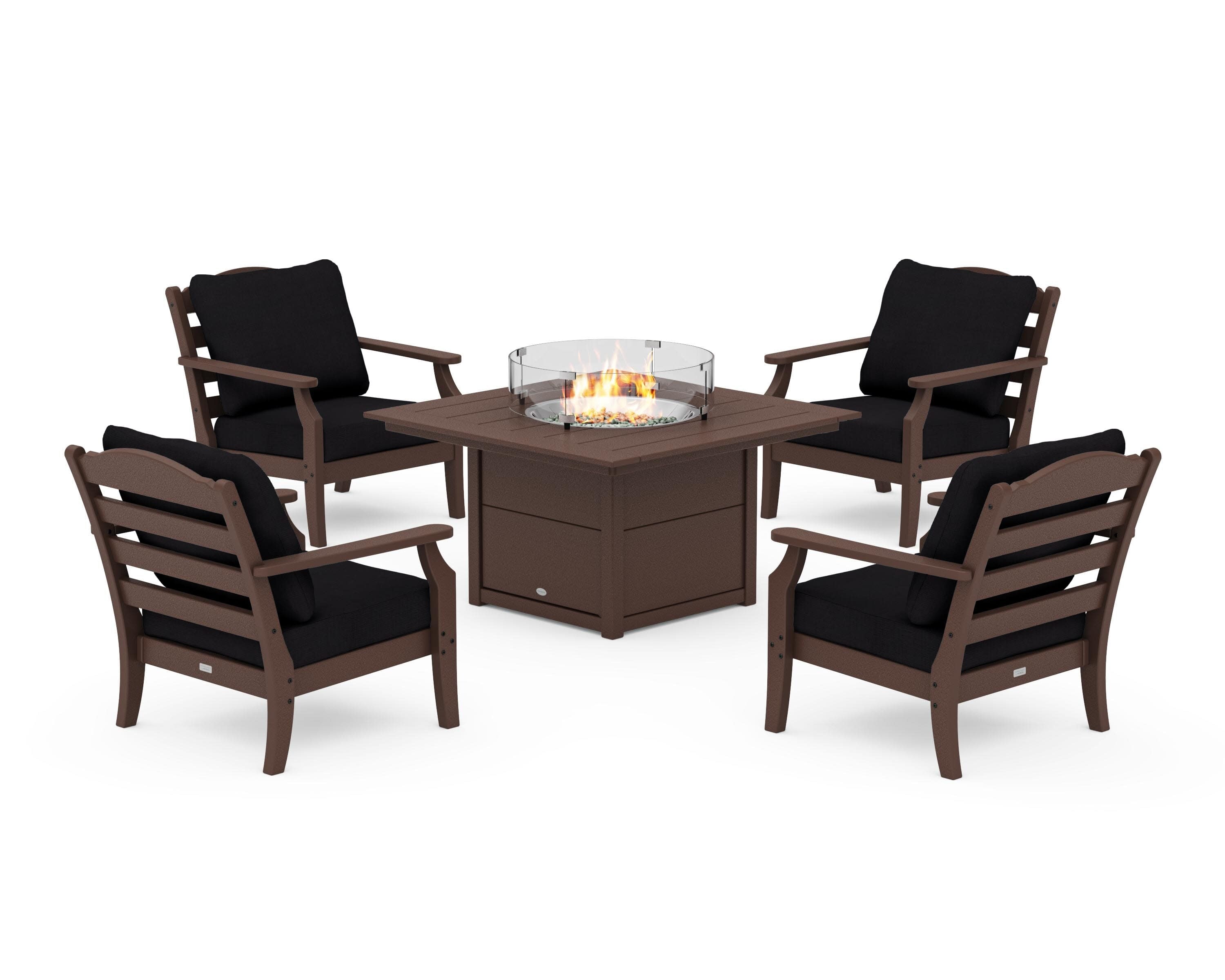 Savannah 5-Piece Deep Seating Set with Fire Pit Table in Mahogany / Midnight Linen