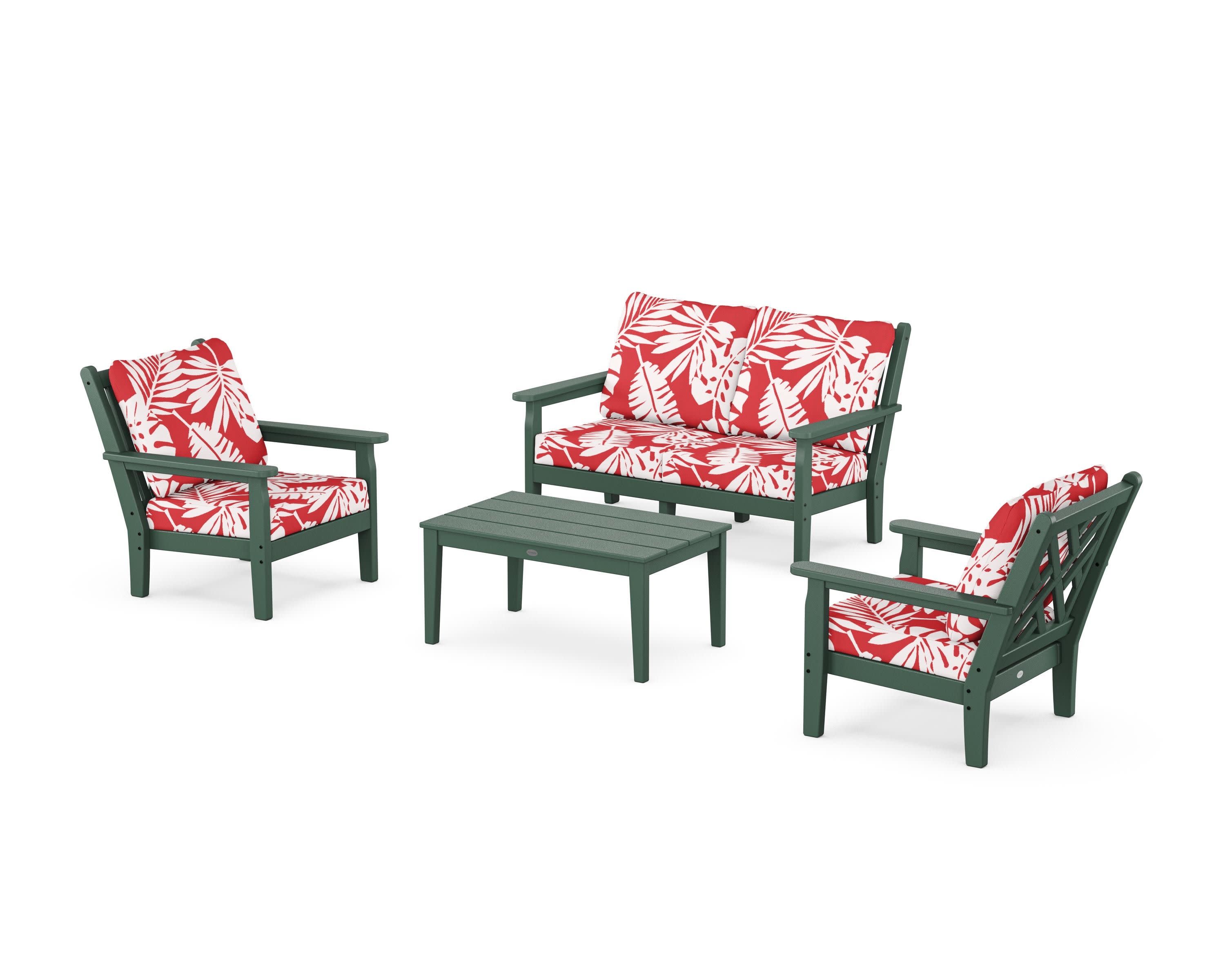 Chippendale 4-Piece Deep Seating Set with Loveseat in Green / Leaf Crimson