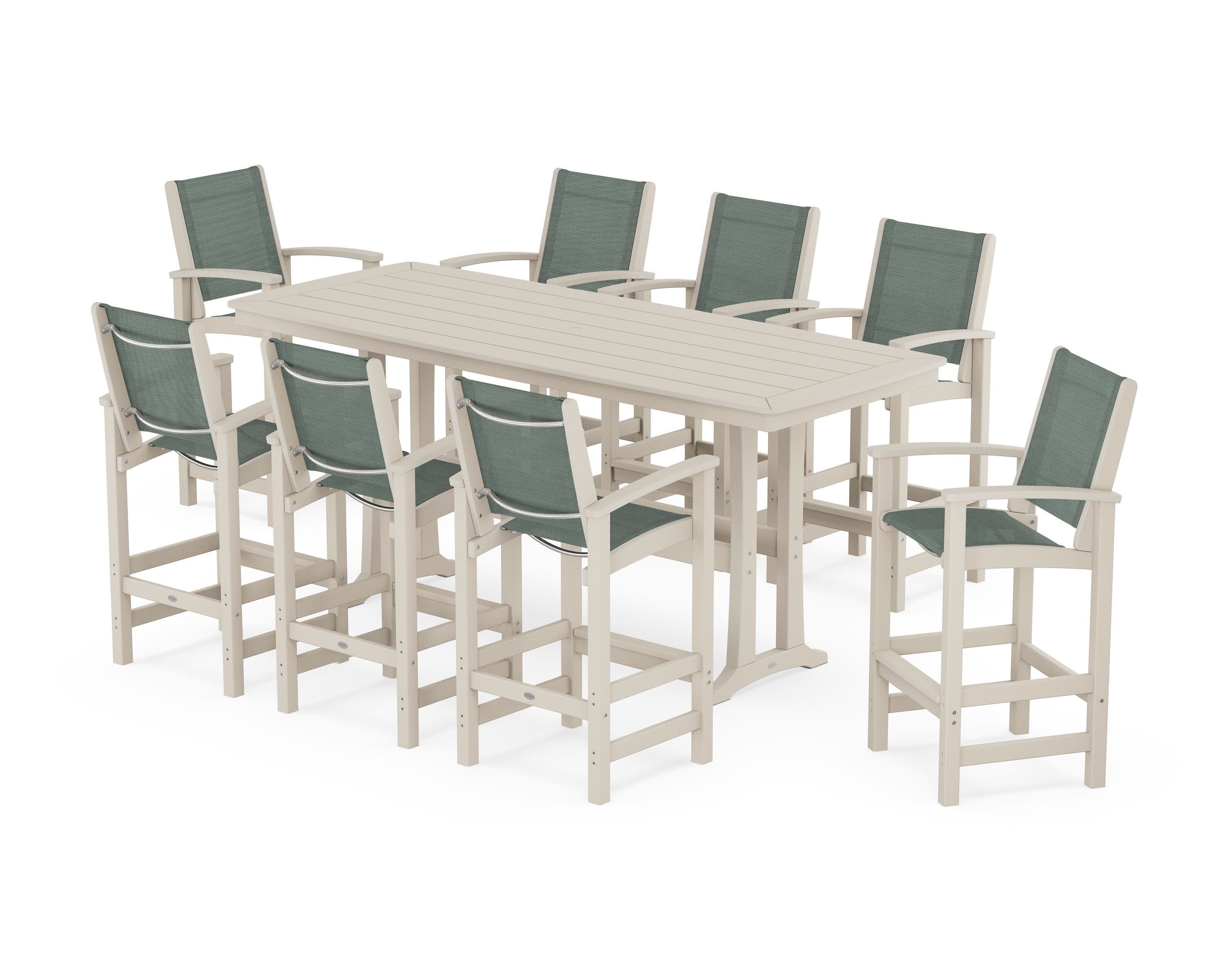 Coastal 9-Piece Bar Set with Trestle Legs in Sand / Dupioni Sea Mist Sling