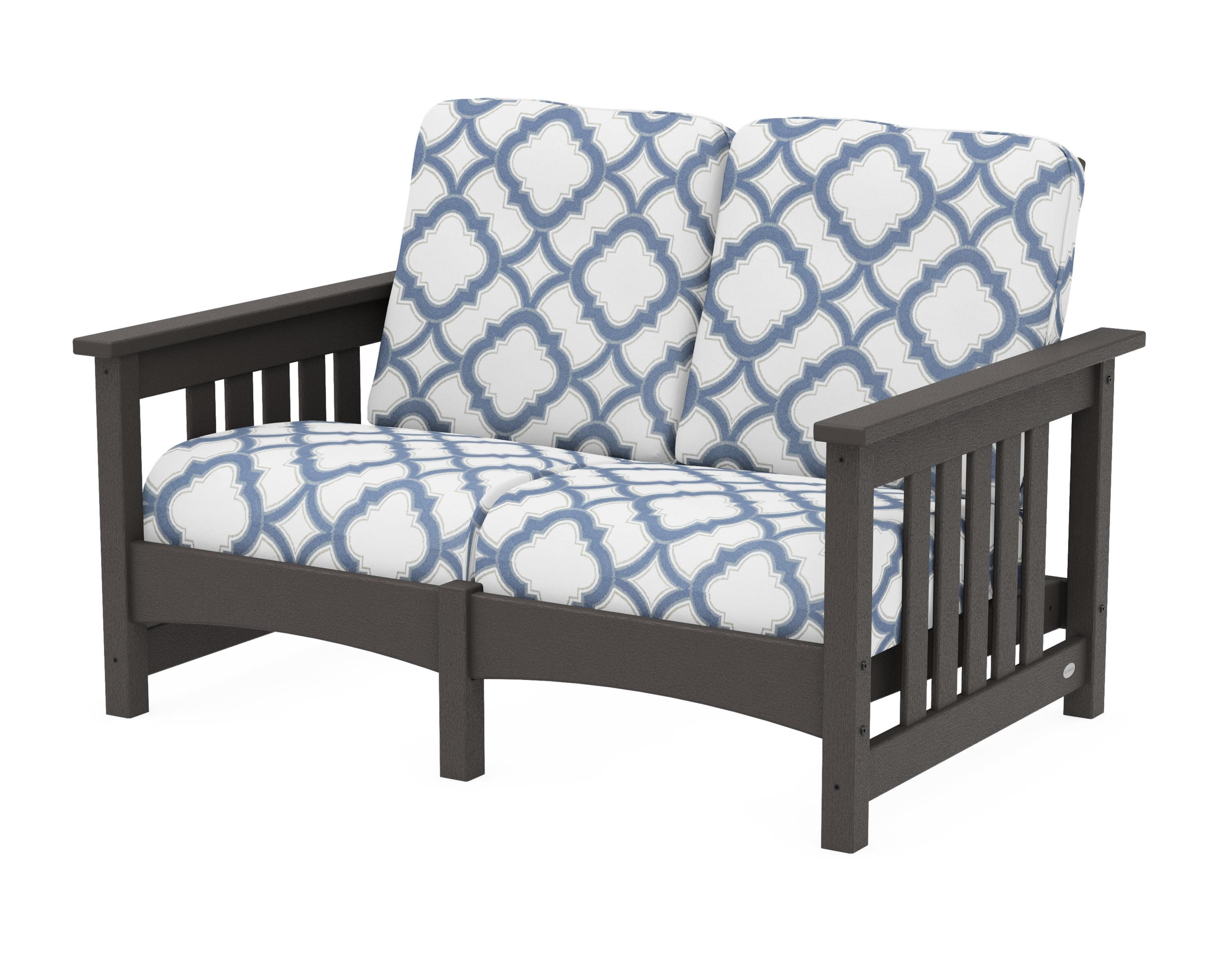 Club Mission Loveseat in Vintage Coffee / Trellis Sky Blue
