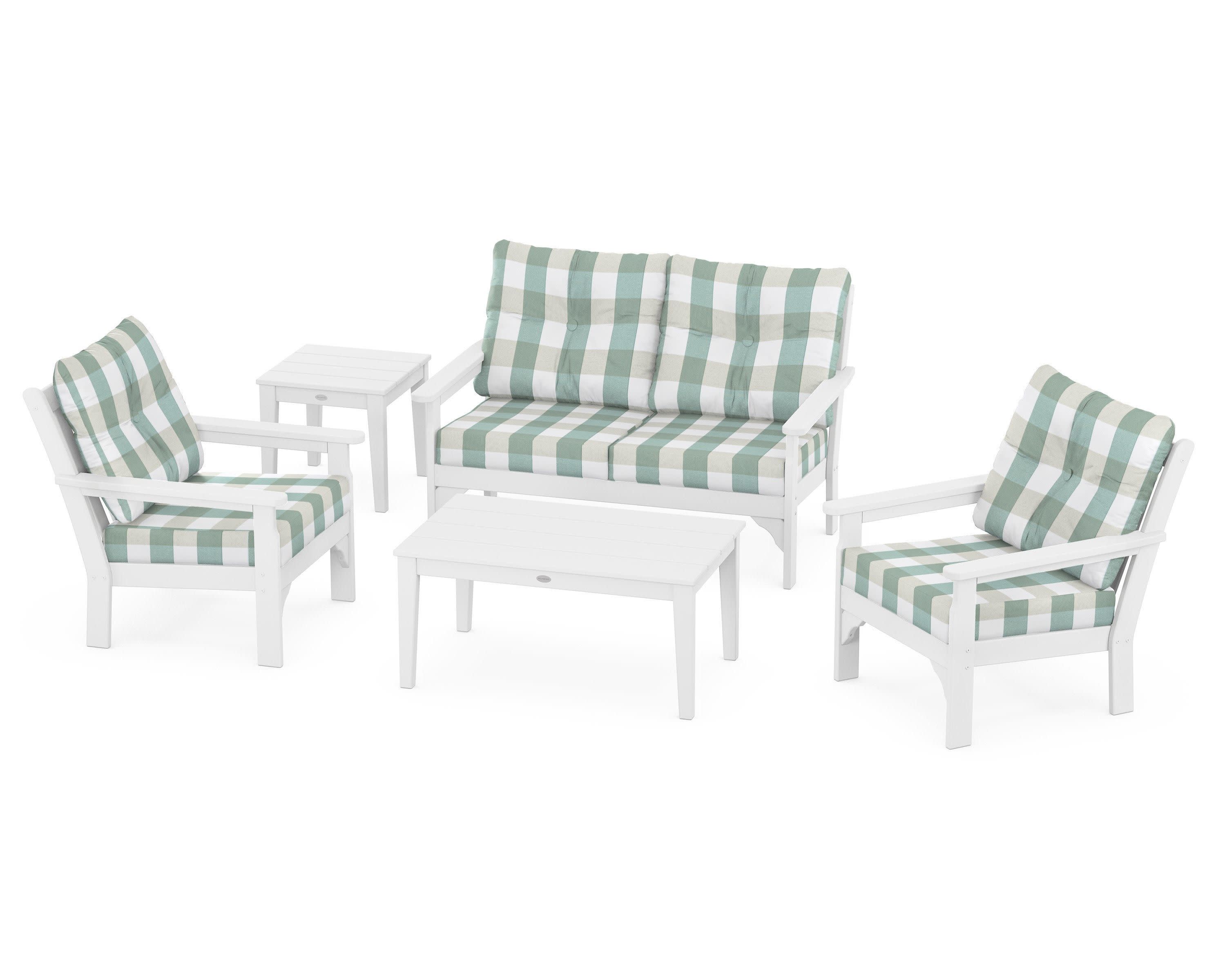 Vineyard 5-Piece Deep Seating Set in White / Buffalo Plaid Glacier Spa